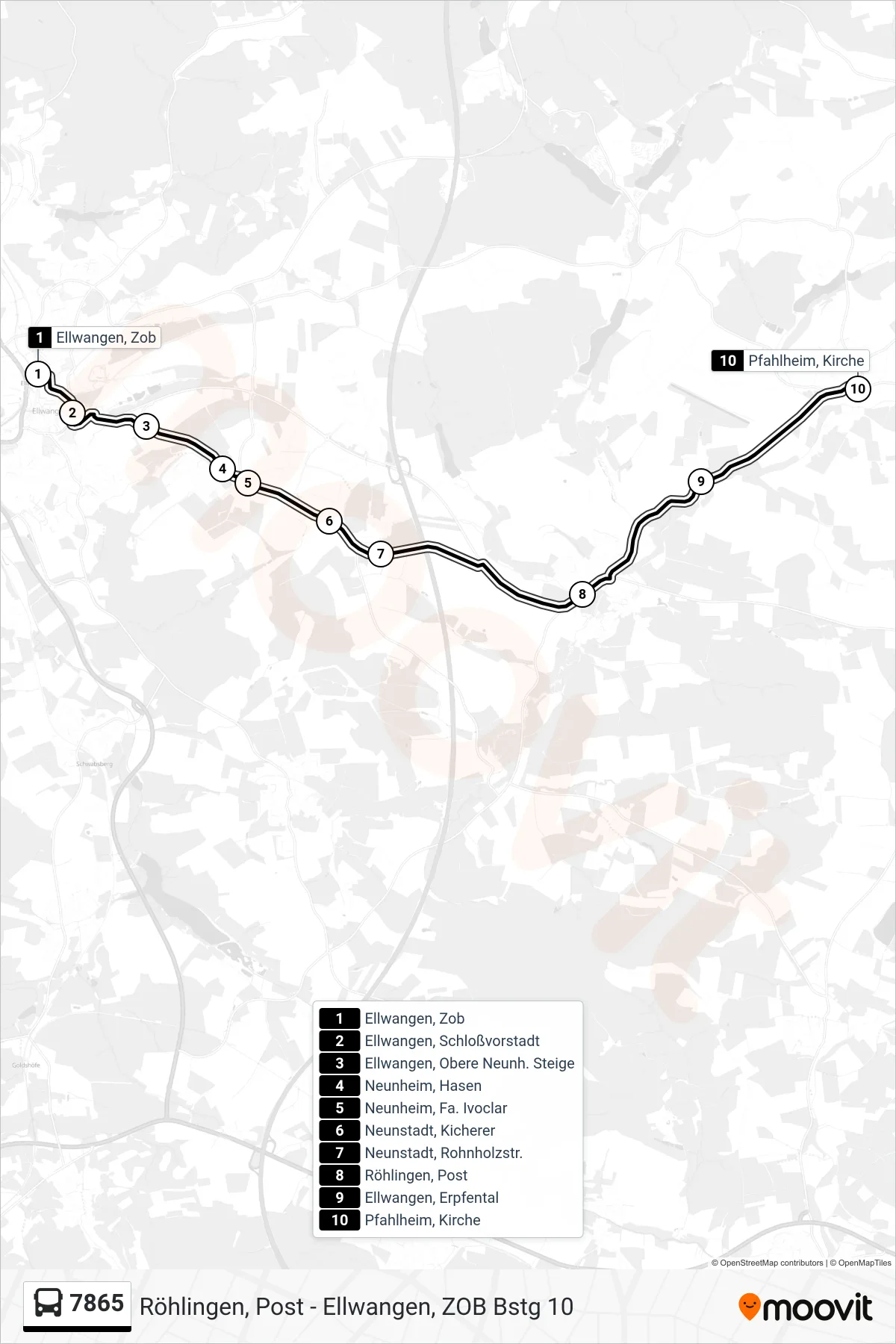 7865 bus Line (Pfahlheim, Kirche) route and stops on a map