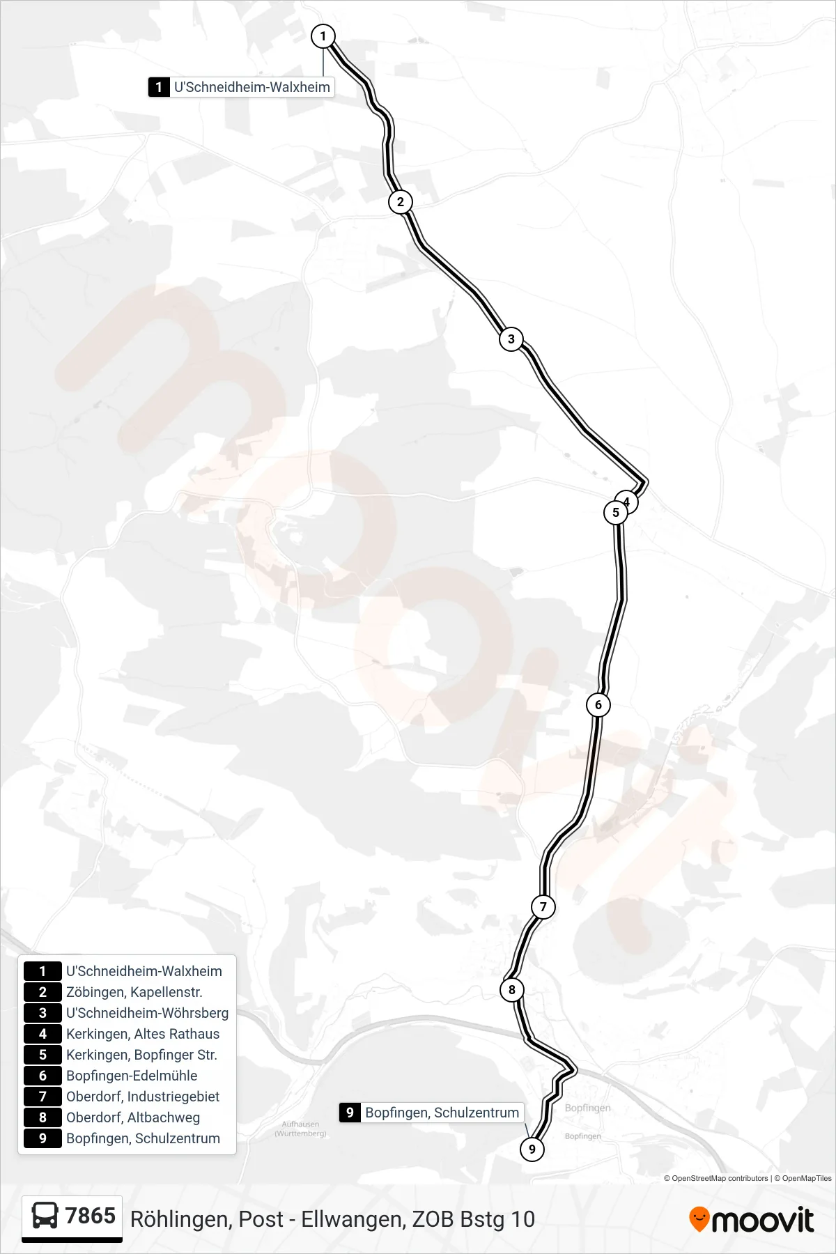 7865 bus Line (Bopfingen, Schulzentrum) route and stops on a map