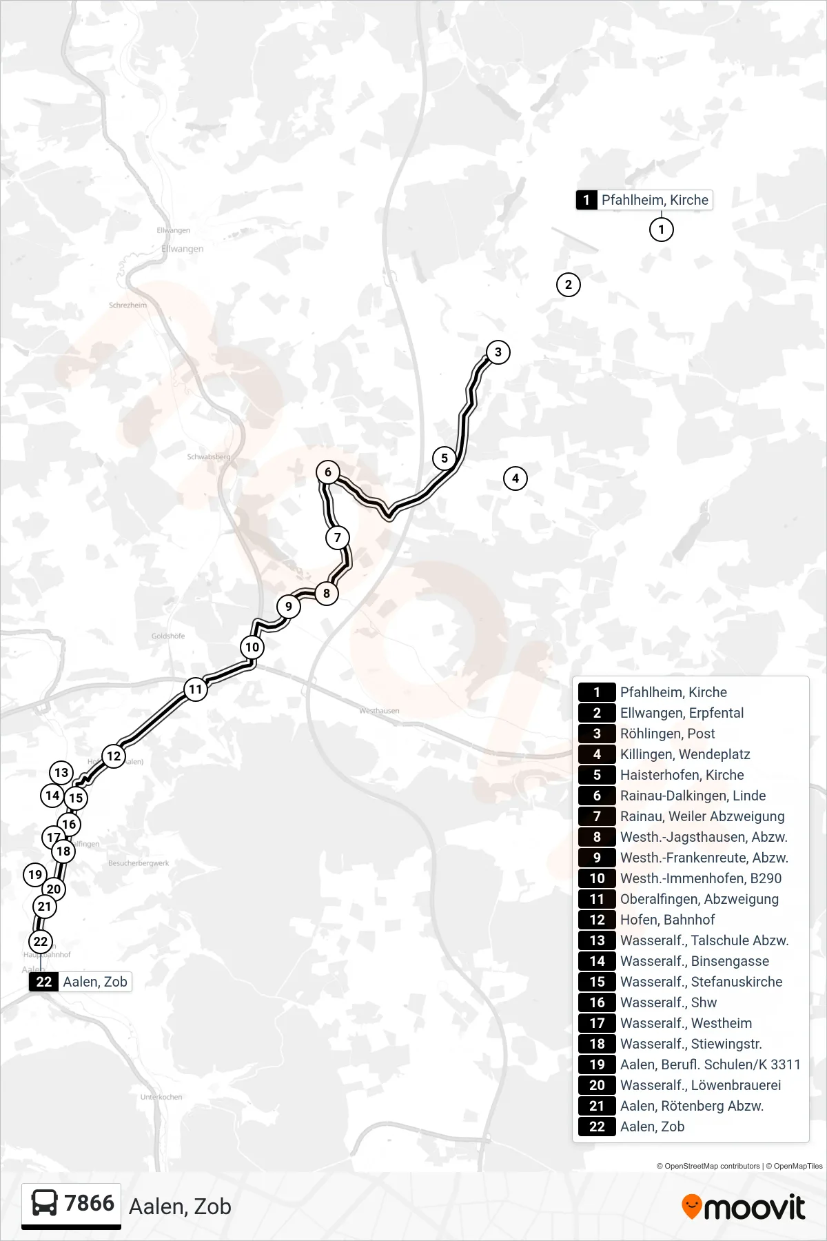 7866 bus Line (Aalen, Zob) route and stops on a map