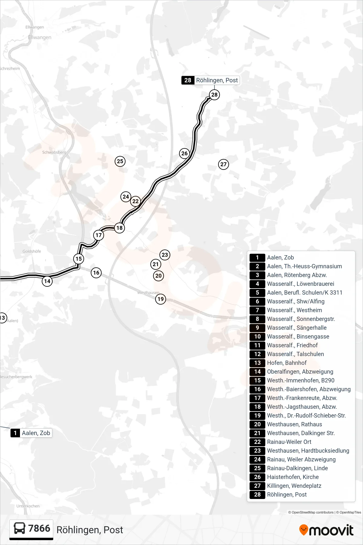 7866 bus Line (Röhlingen, Post) route and stops on a map