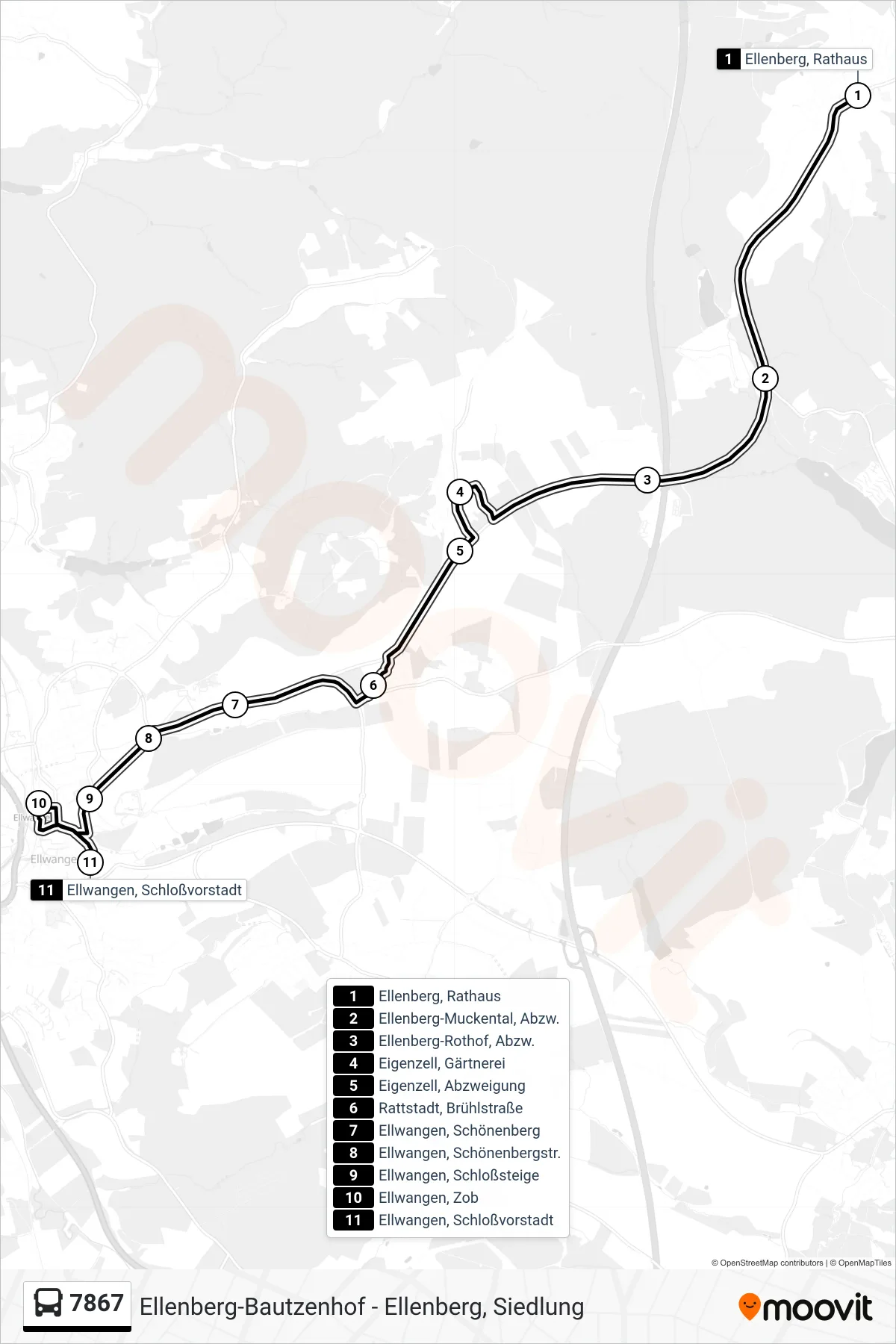 7867 bus Line (Ellwangen, Schloßvorstadt) route and stops on a map