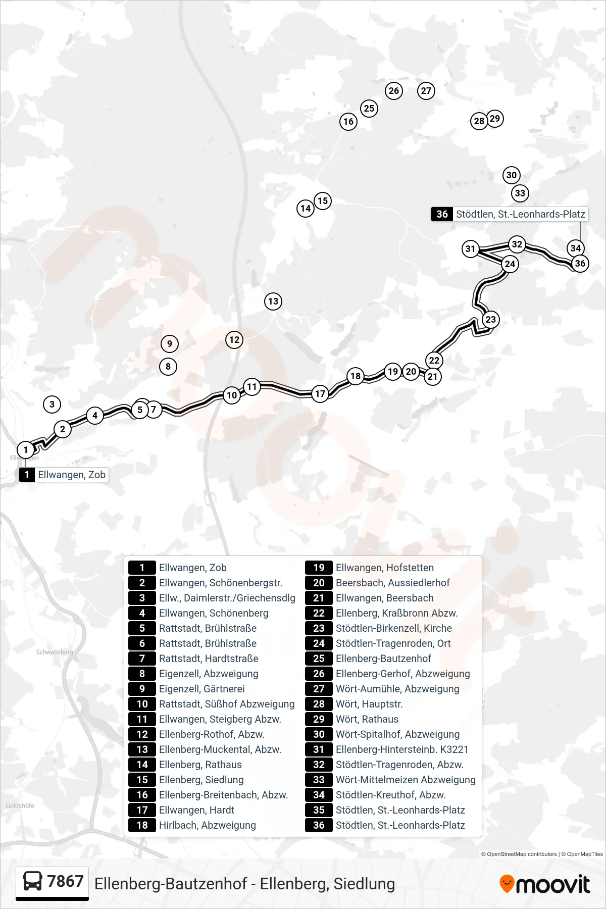 7867 bus Line (Stödtlen, St.-Leonhards-Platz) route and stops on a map