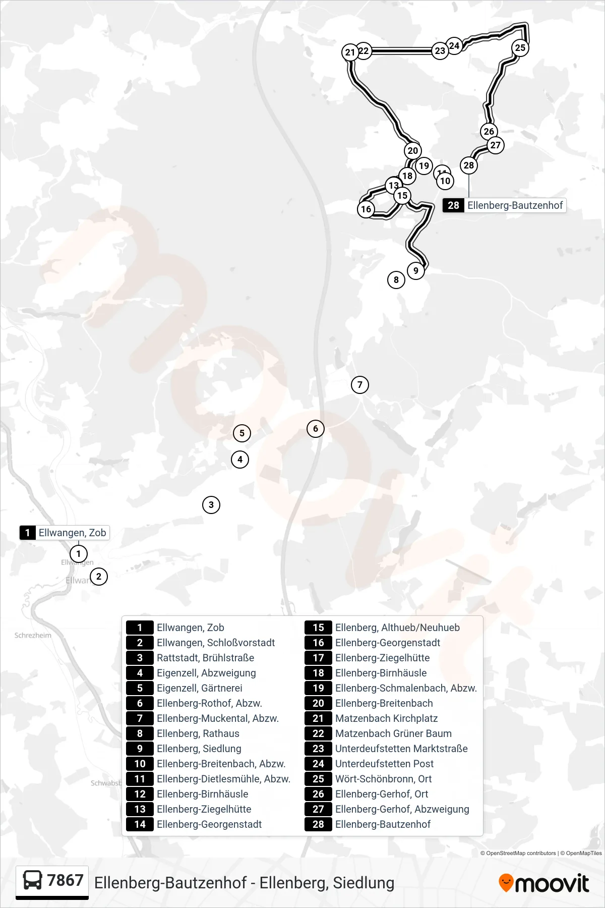 7867 bus Line (Ellenberg-Bautzenhof) route and stops on a map