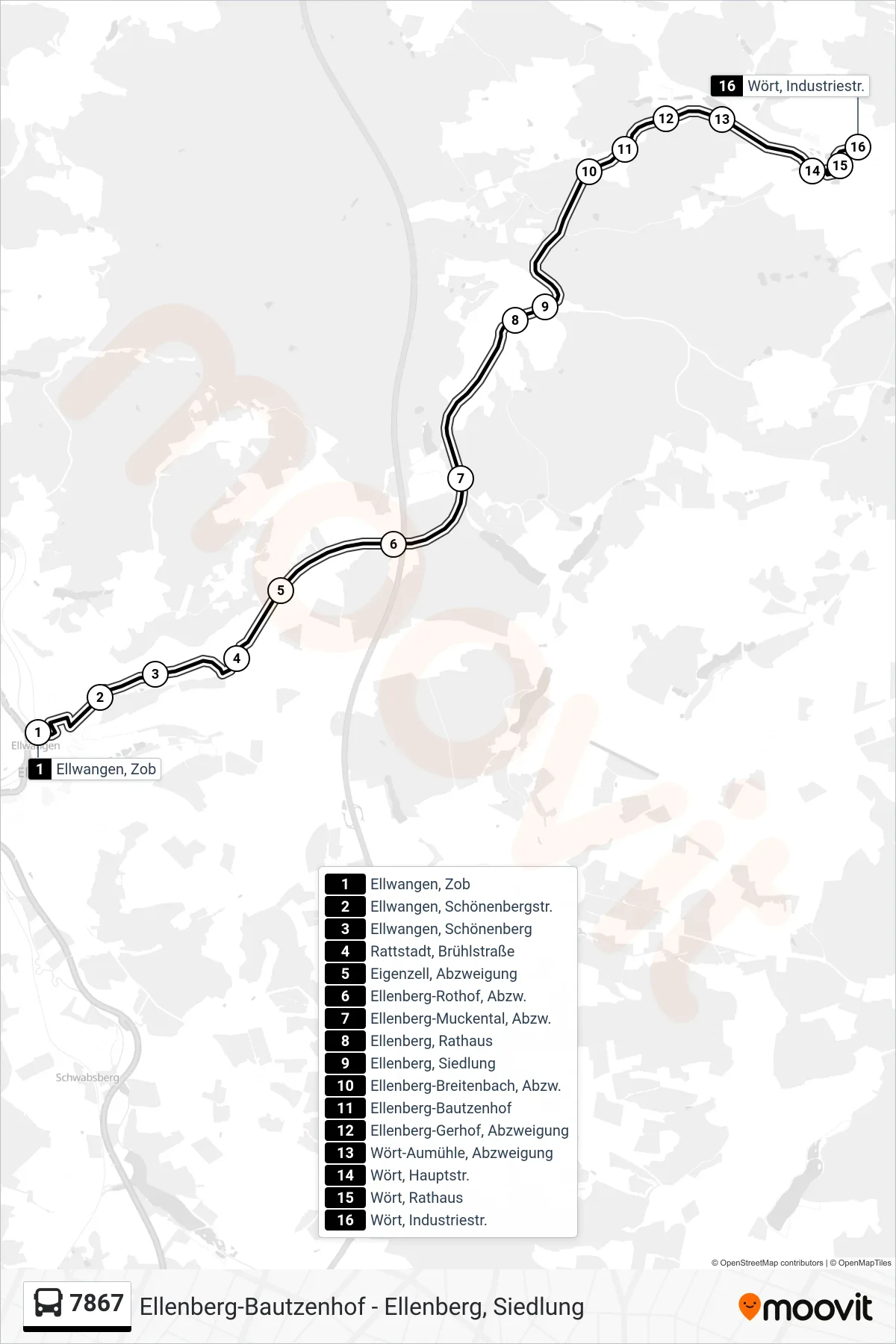 7867 bus Line (Wört, Industriestr.) route and stops on a map