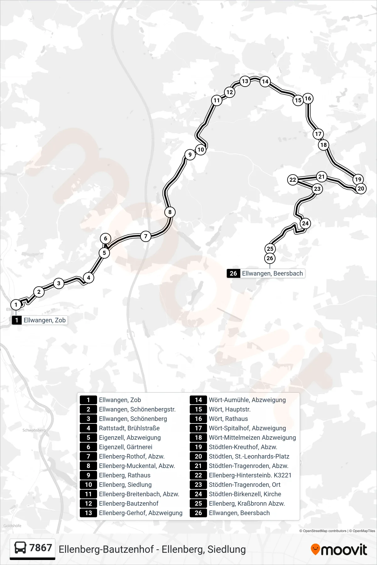 7867 bus Line (Ellwangen, Beersbach) route and stops on a map