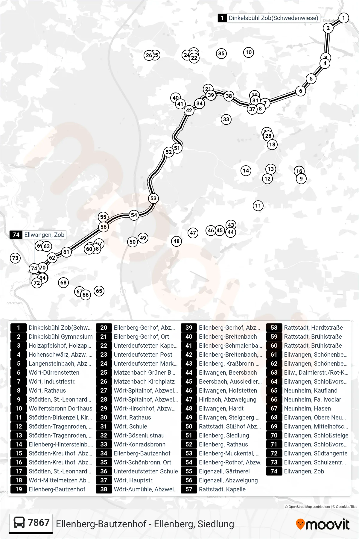 7867 bus Line (Ellwangen, Zob) route and stops on a map