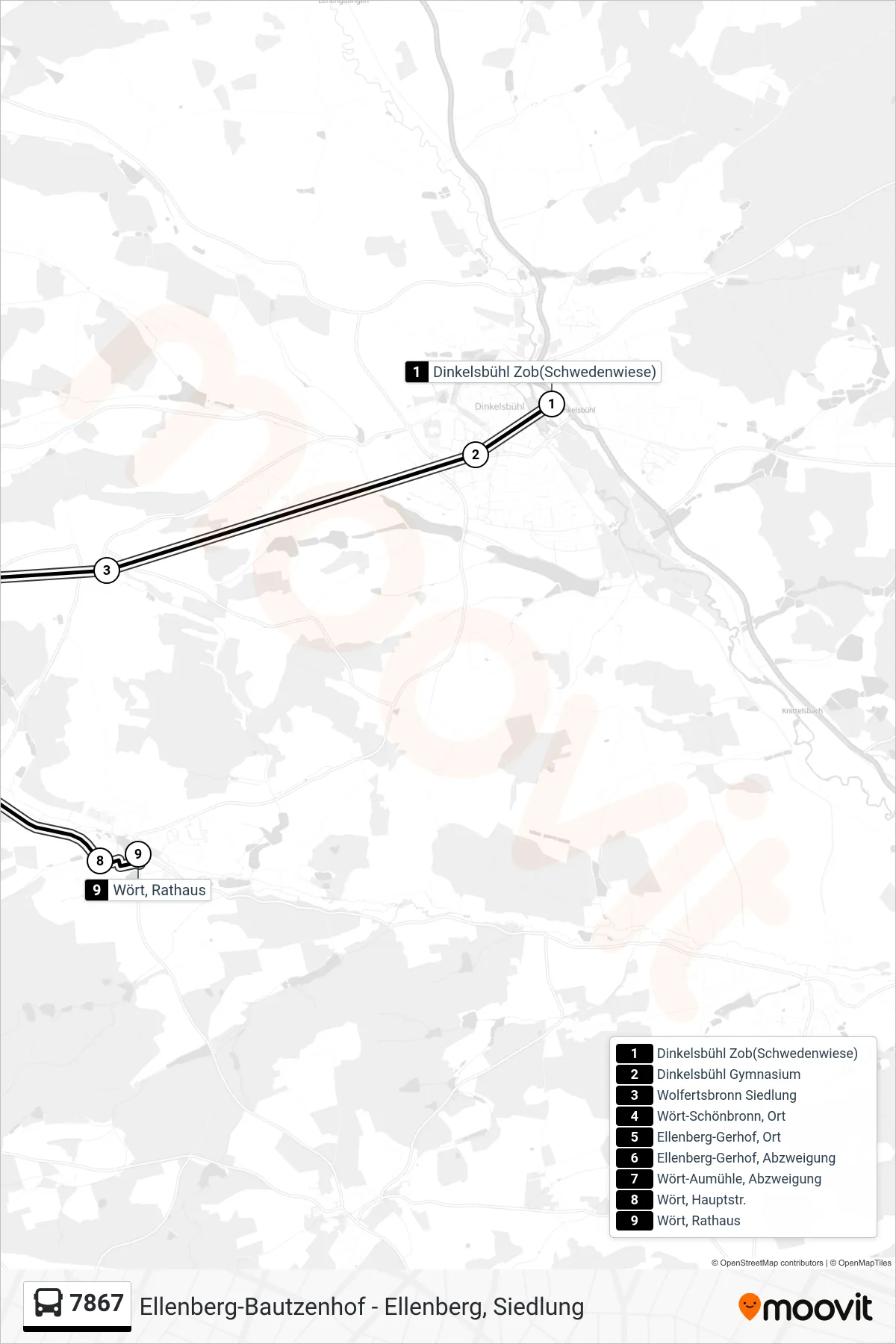 7867 bus Line (Wört, Rathaus) route and stops on a map
