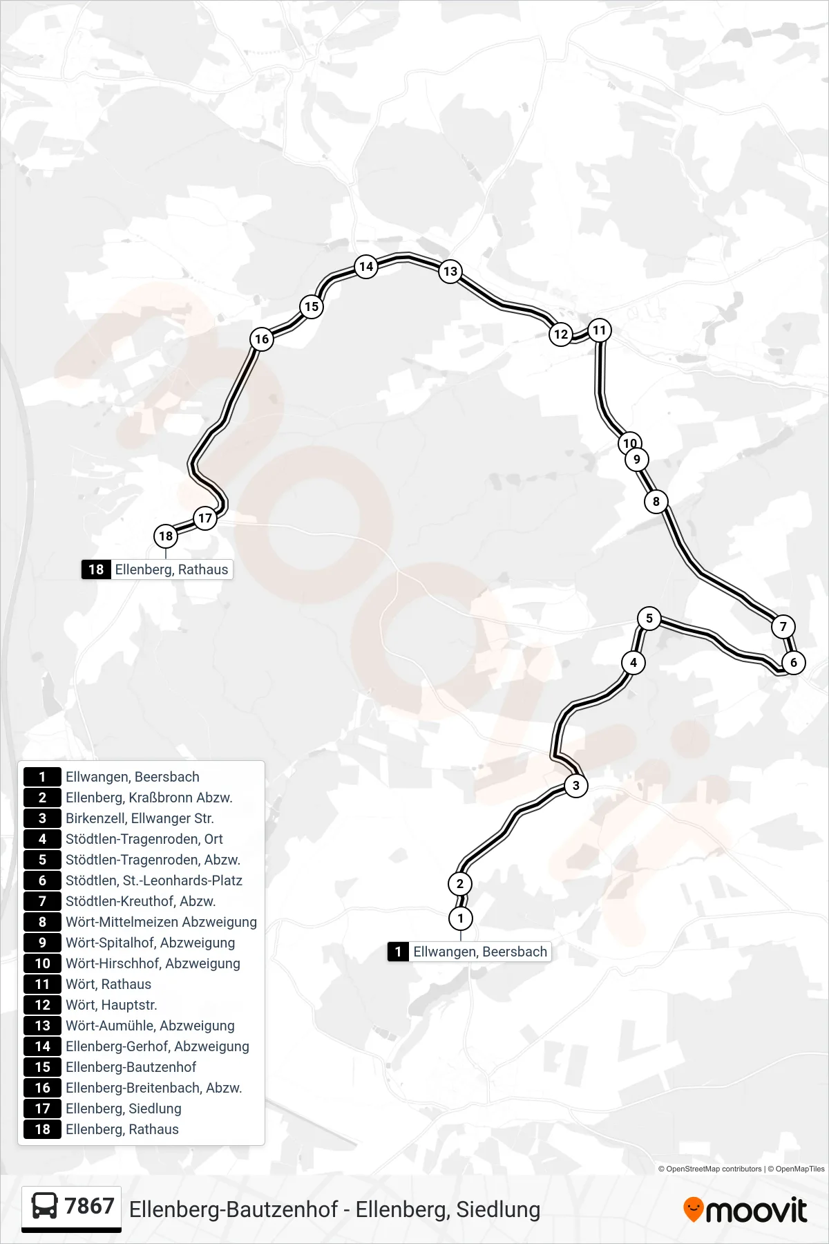 Linie 7867 (Bus) Richtung Ellenberg, Rathaus: Route und Haltestellen auf der Karte