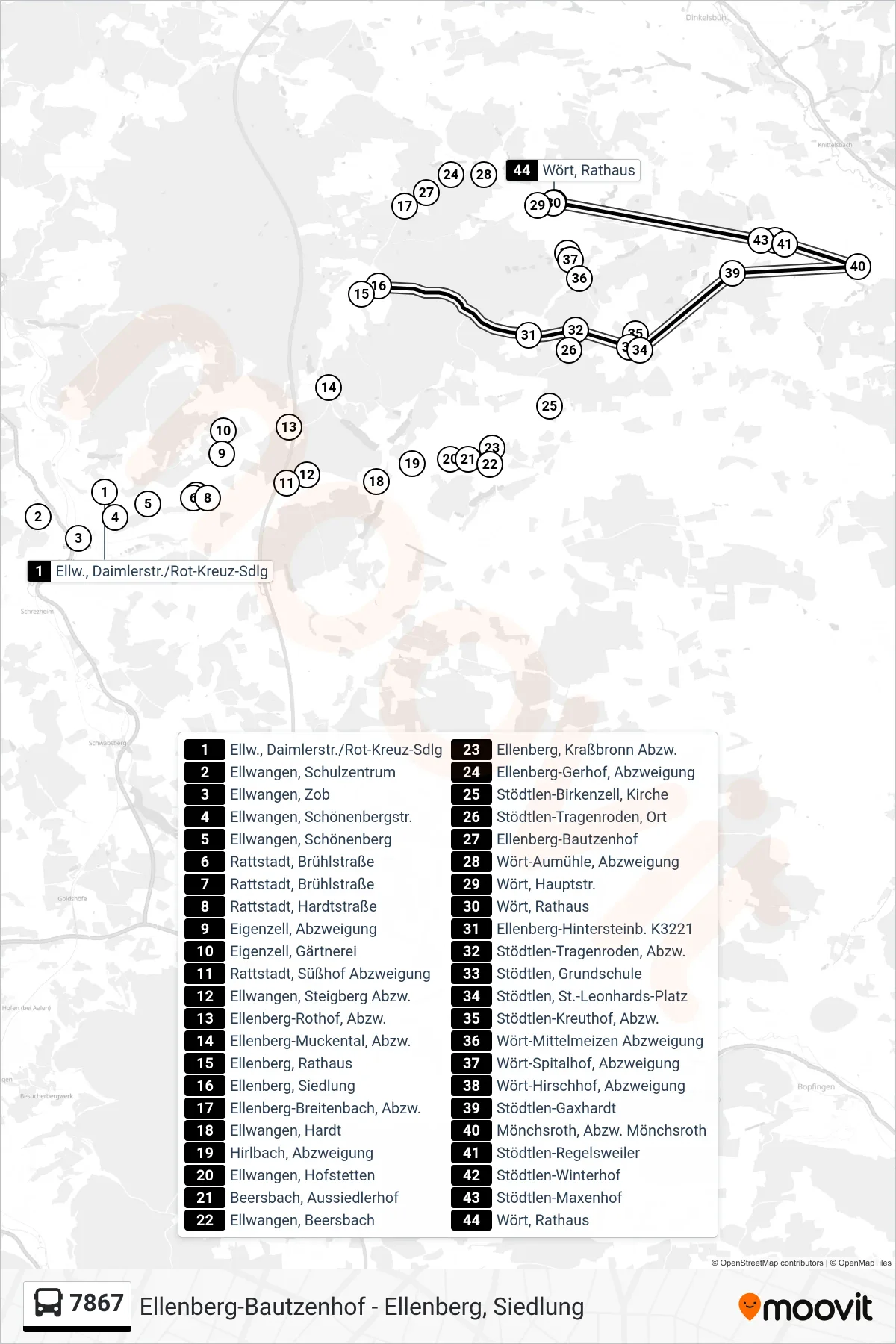 7867 bus Line (Wört, Rathaus) route and stops on a map