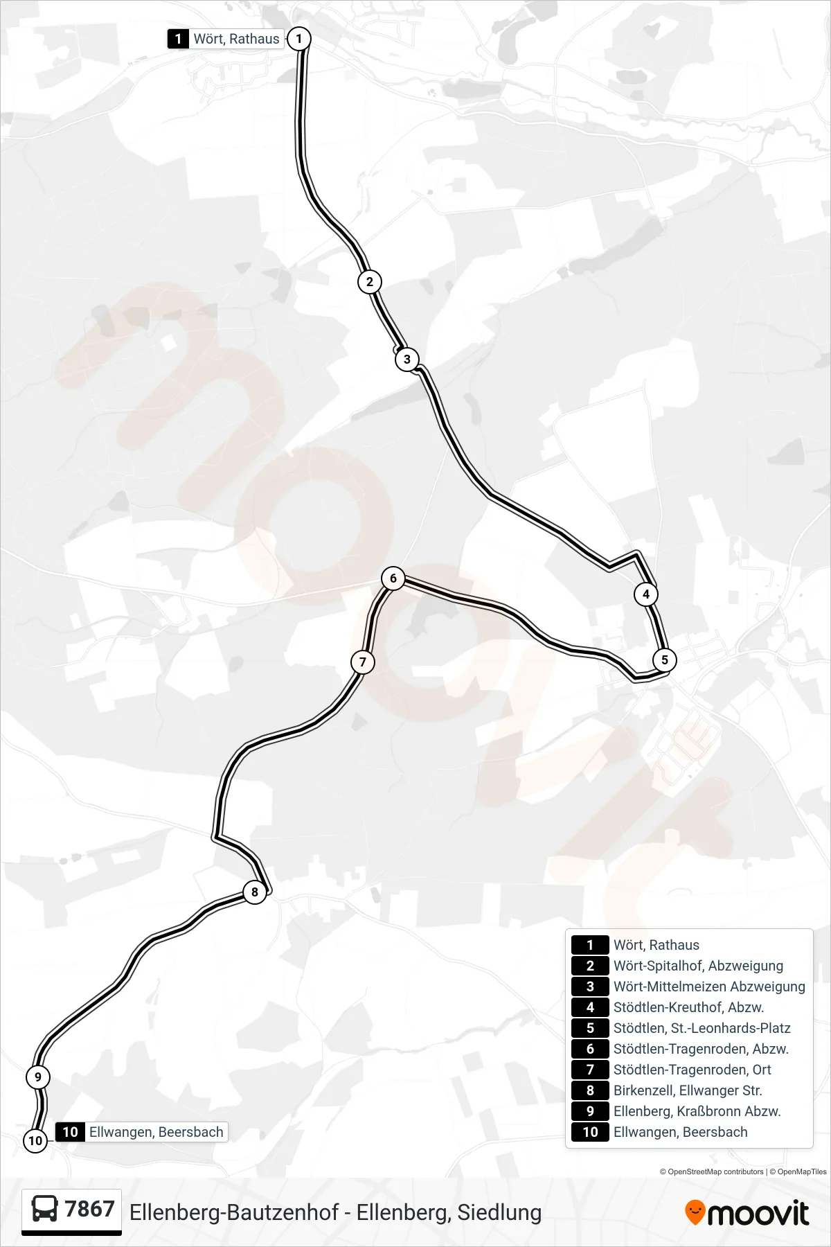 7867 bus Line (Ellwangen, Beersbach) route and stops on a map