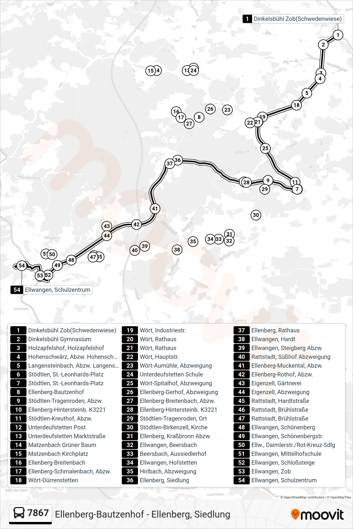 7867 bus Line (Ellwangen, Schulzentrum) route and stops on a map