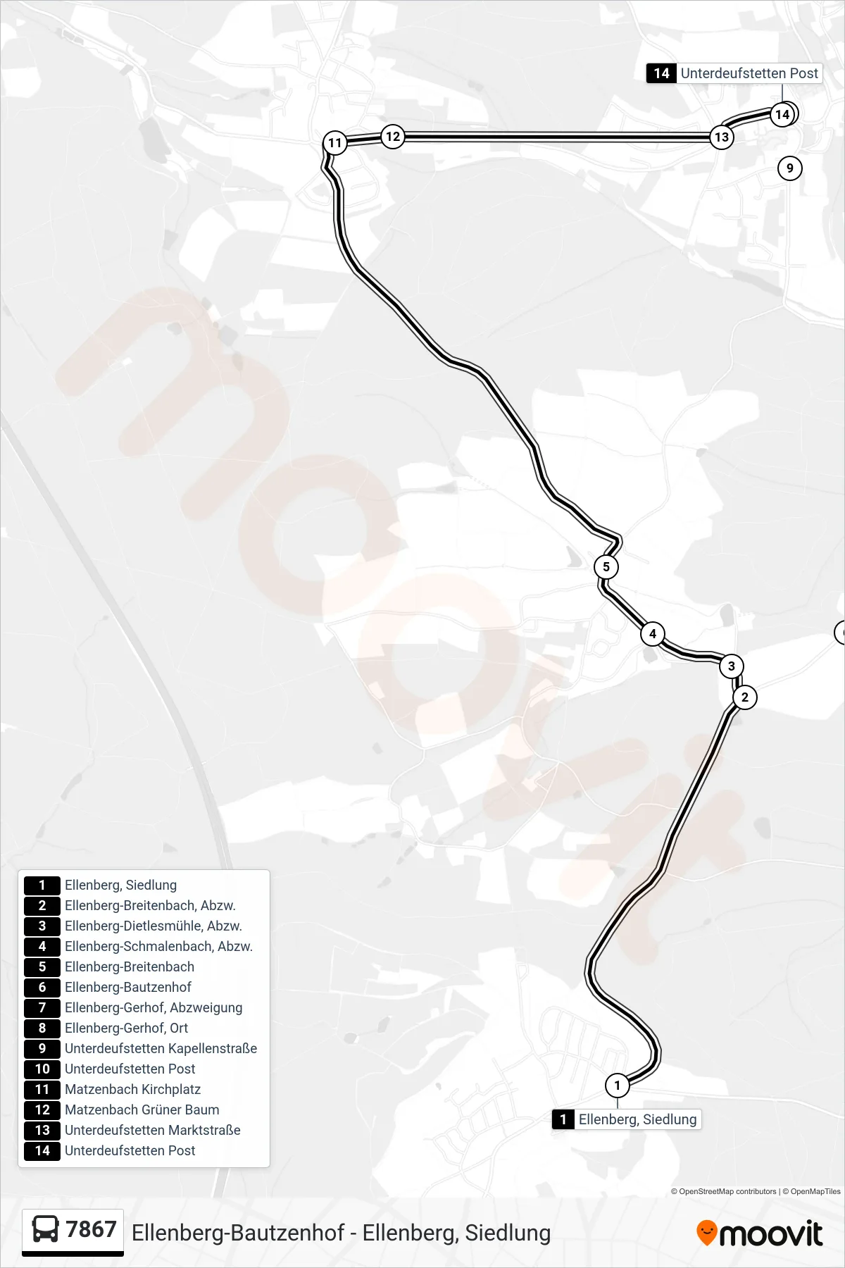 7867 bus Line (Unterdeufstetten Post) route and stops on a map