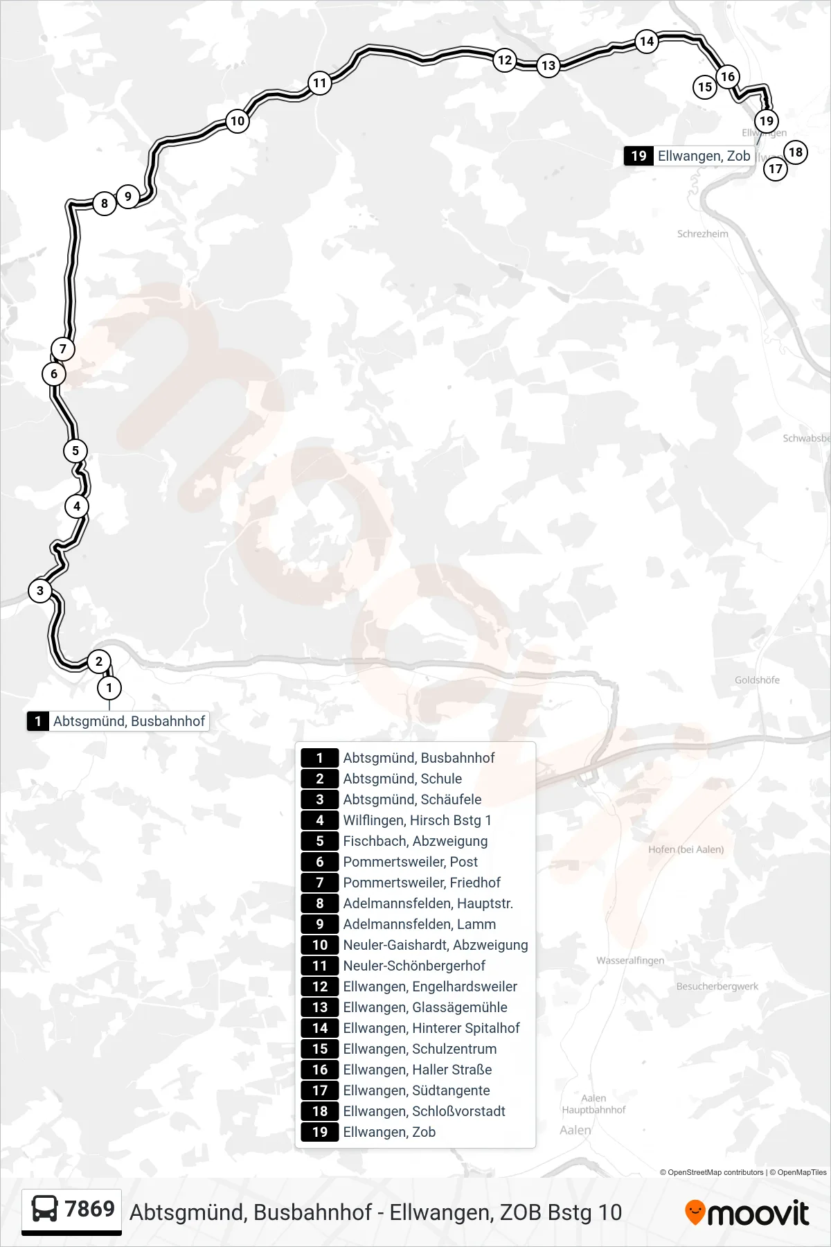 7869 bus Line (Ellwangen, Zob) route and stops on a map