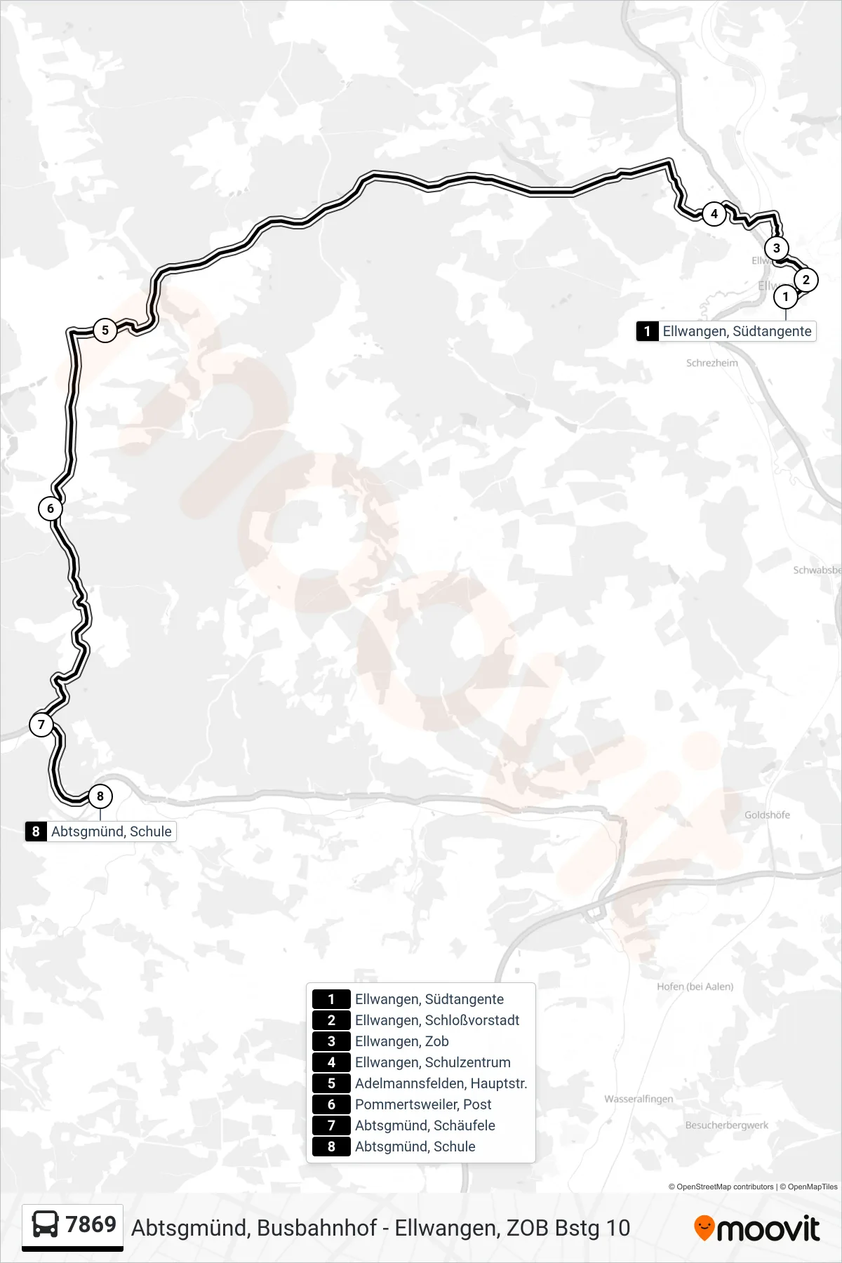 7869 bus Line (Abtsgmünd, Schule) route and stops on a map