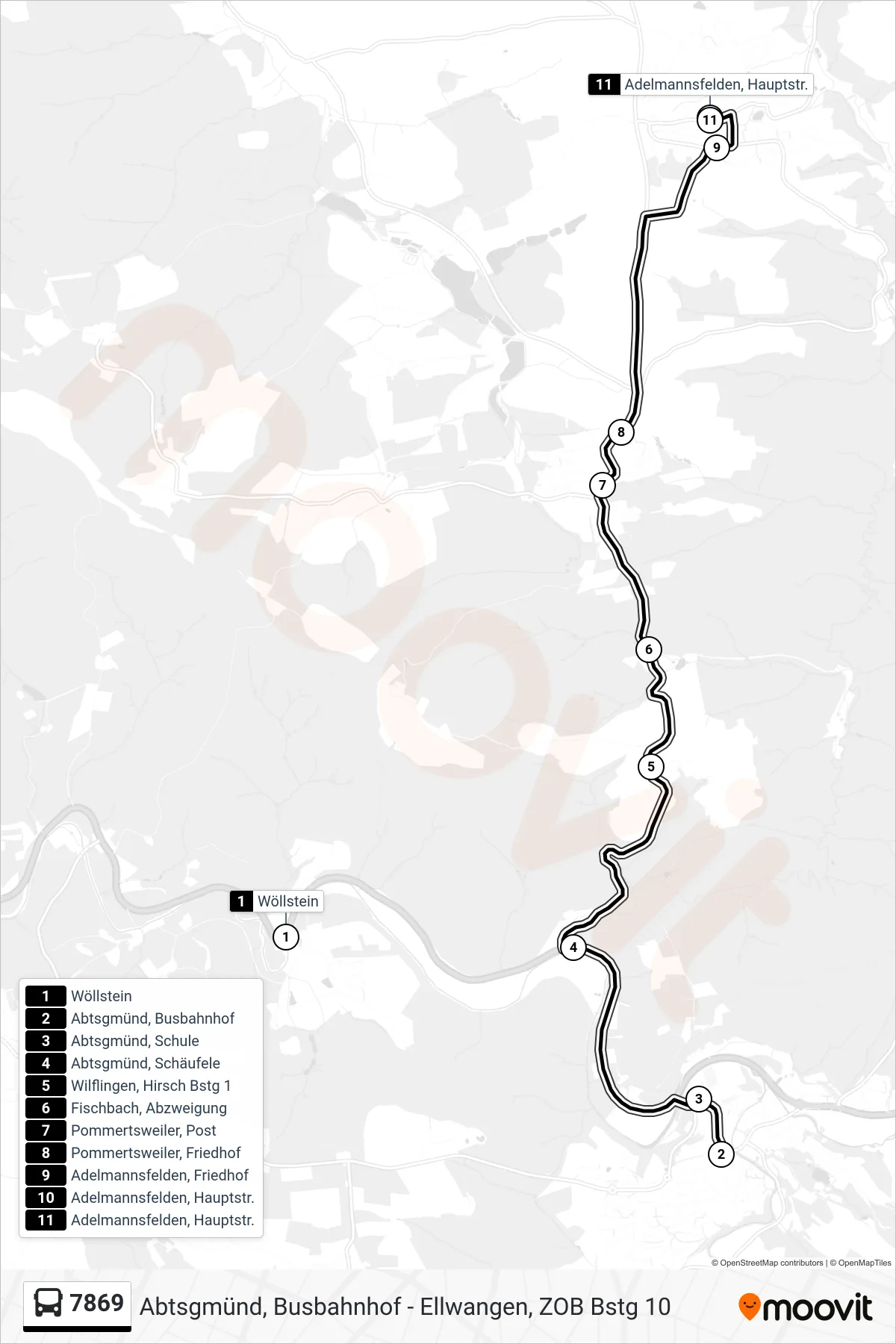 7869 bus Line (Adelmannsfelden, Hauptstr.) route and stops on a map
