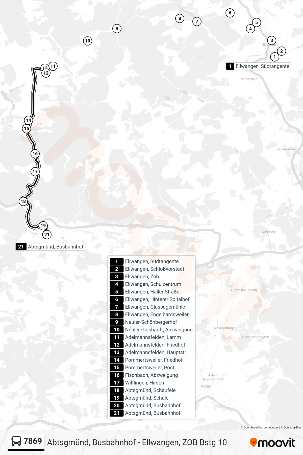 7869 bus Line (Abtsgmünd, Busbahnhof) route and stops on a map