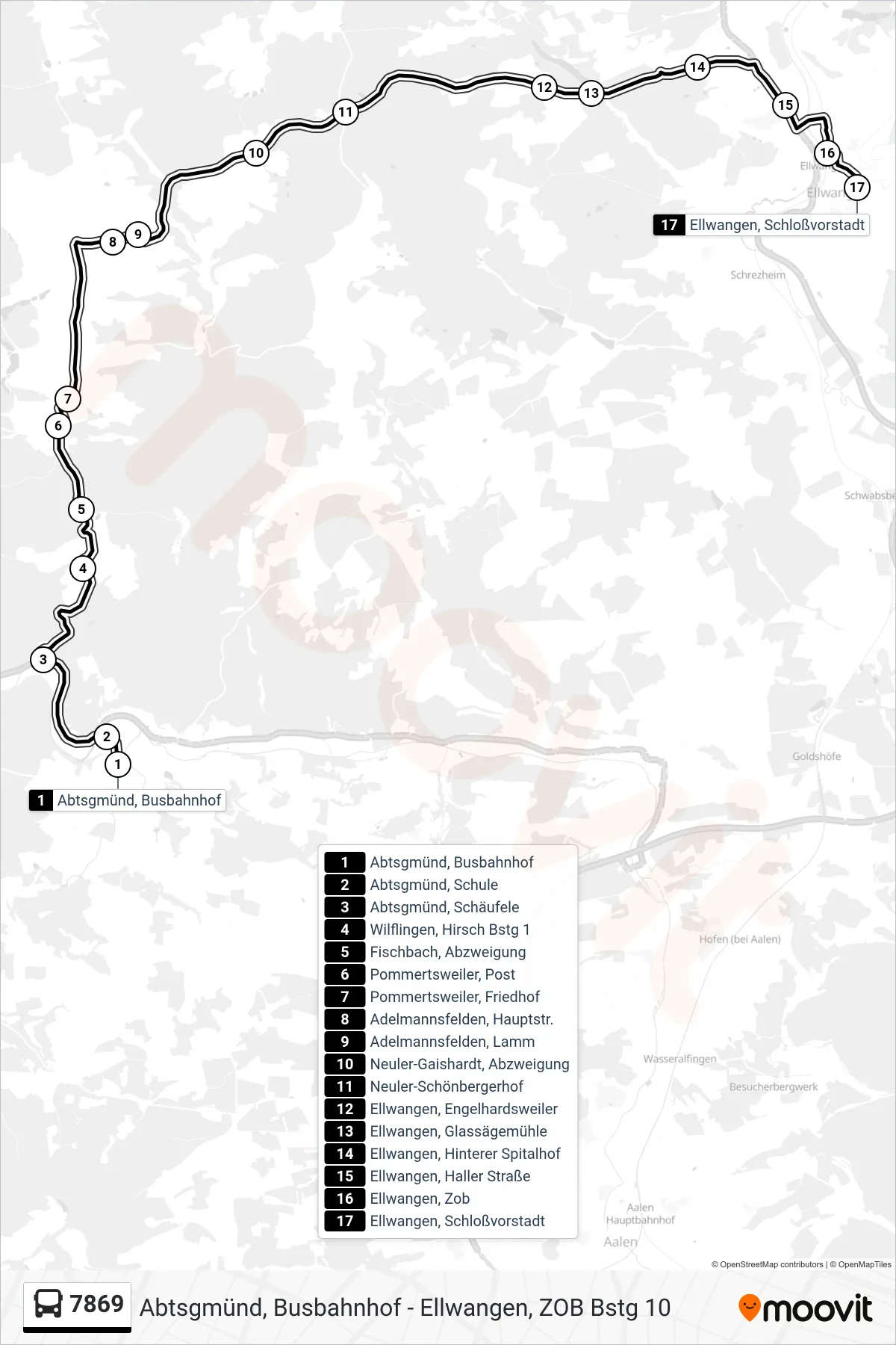 7869 bus Line (Ellwangen, Schloßvorstadt) route and stops on a map
