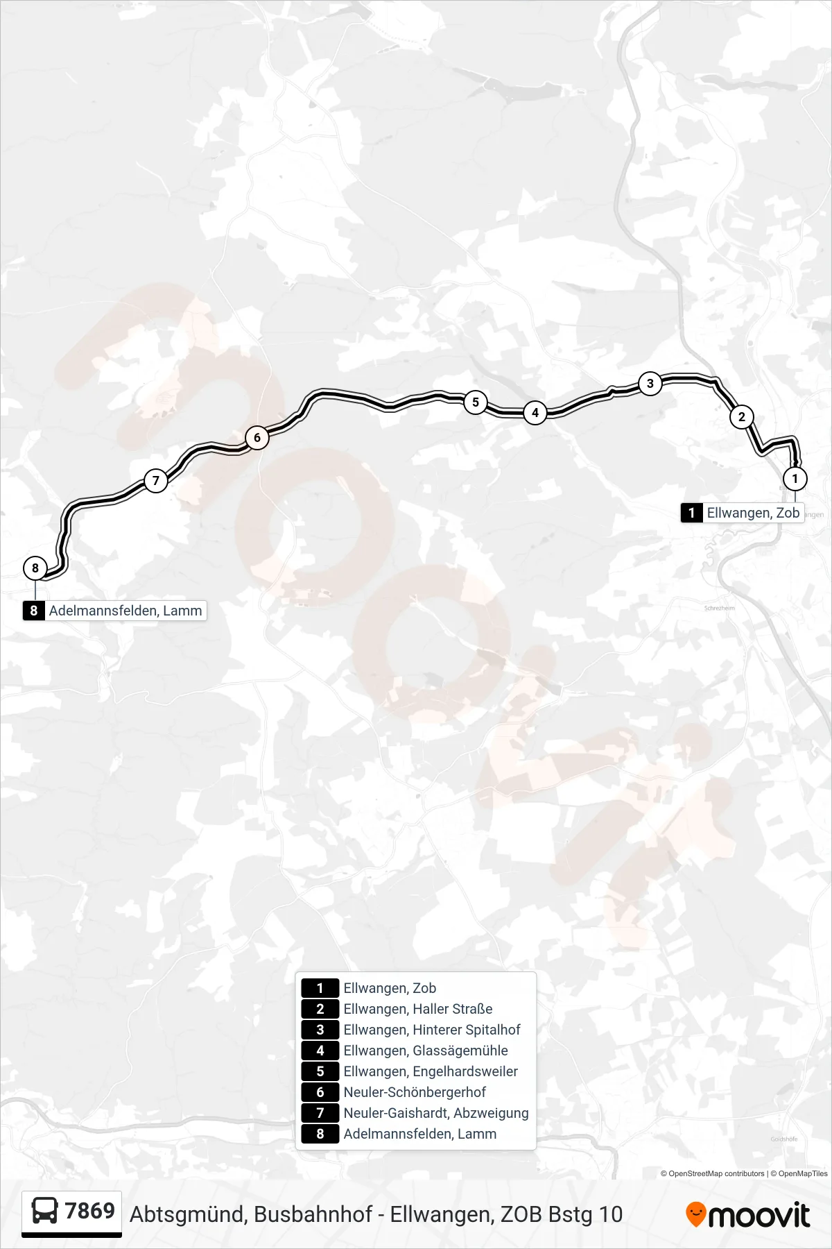 7869 bus Line (Adelmannsfelden, Lamm) route and stops on a map