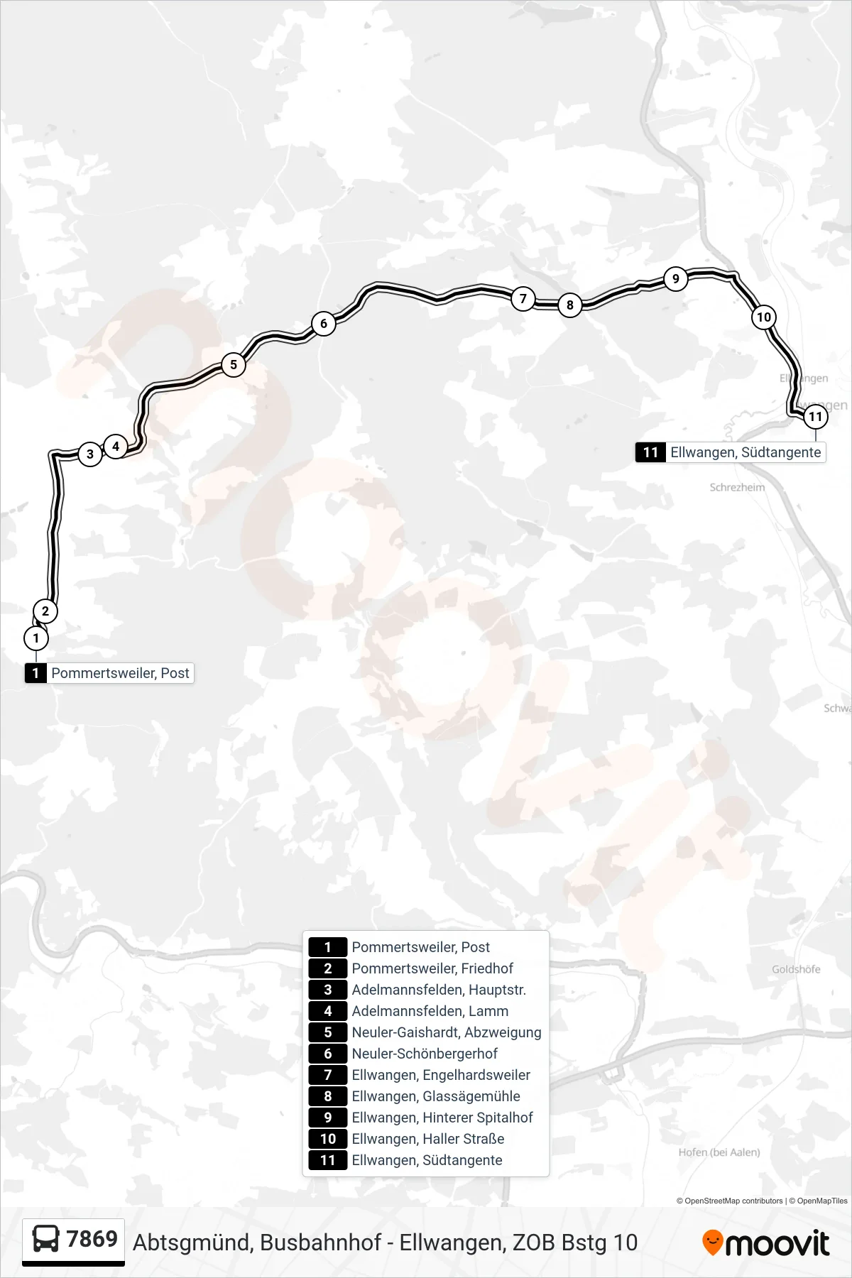 7869 bus Line (Ellwangen, Südtangente) route and stops on a map