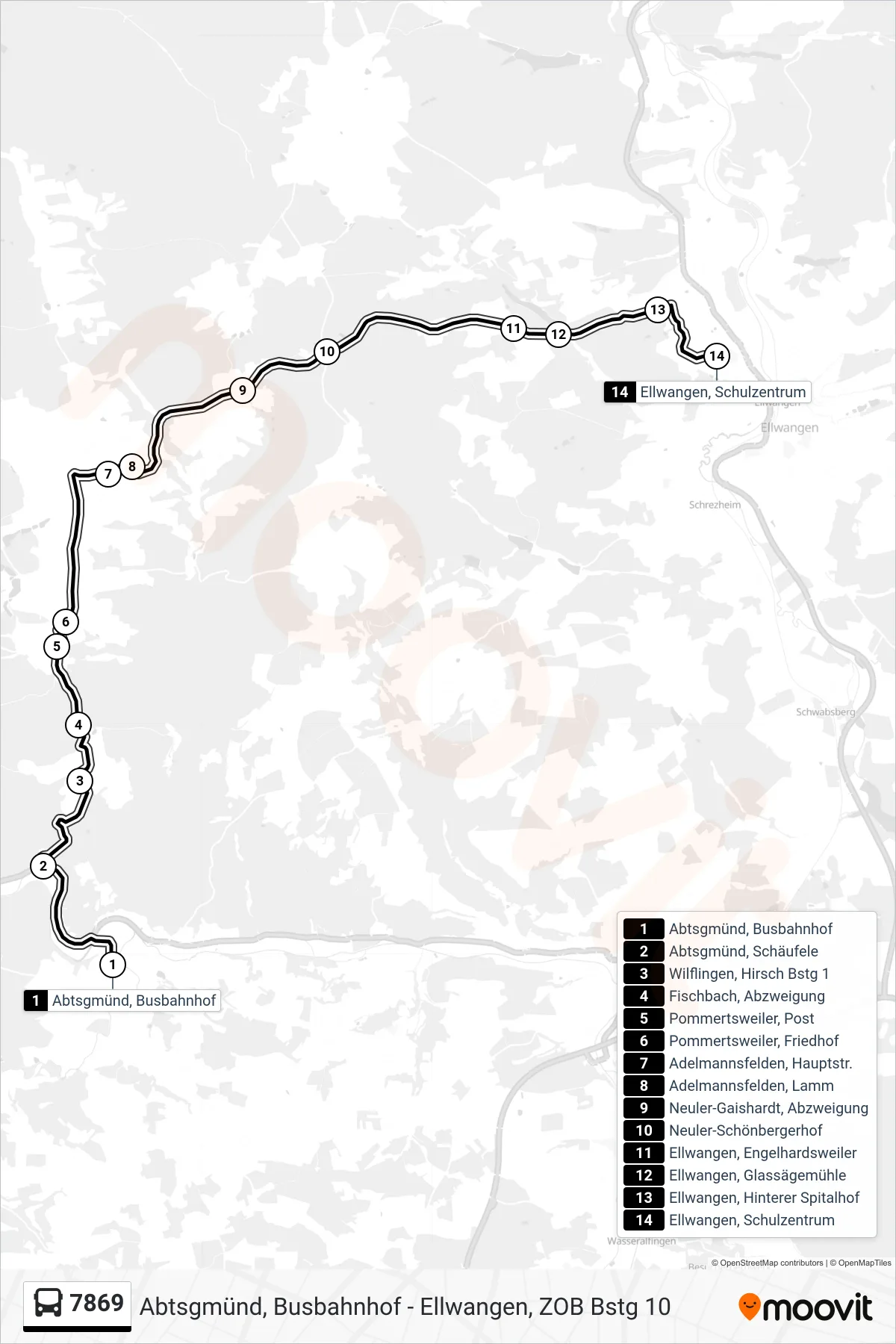 7869 bus Line (Ellwangen, Schulzentrum) route and stops on a map