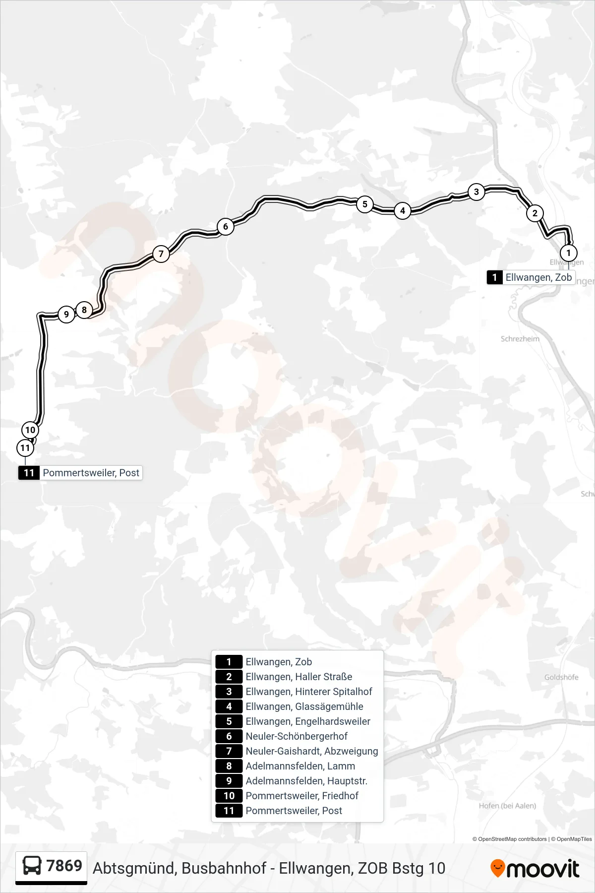 7869 bus Line (Pommertsweiler, Post) route and stops on a map
