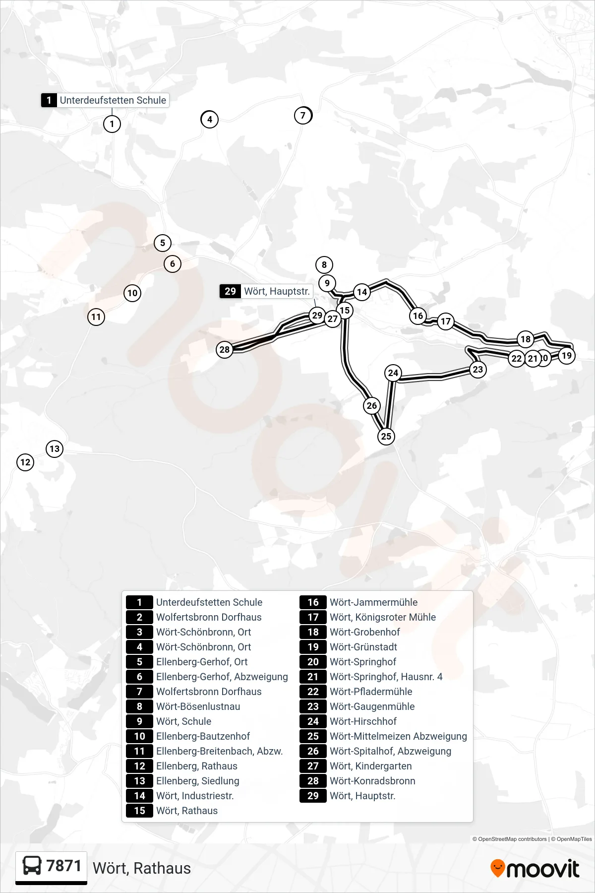 7871 bus Line (Wört, Rathaus) route and stops on a map