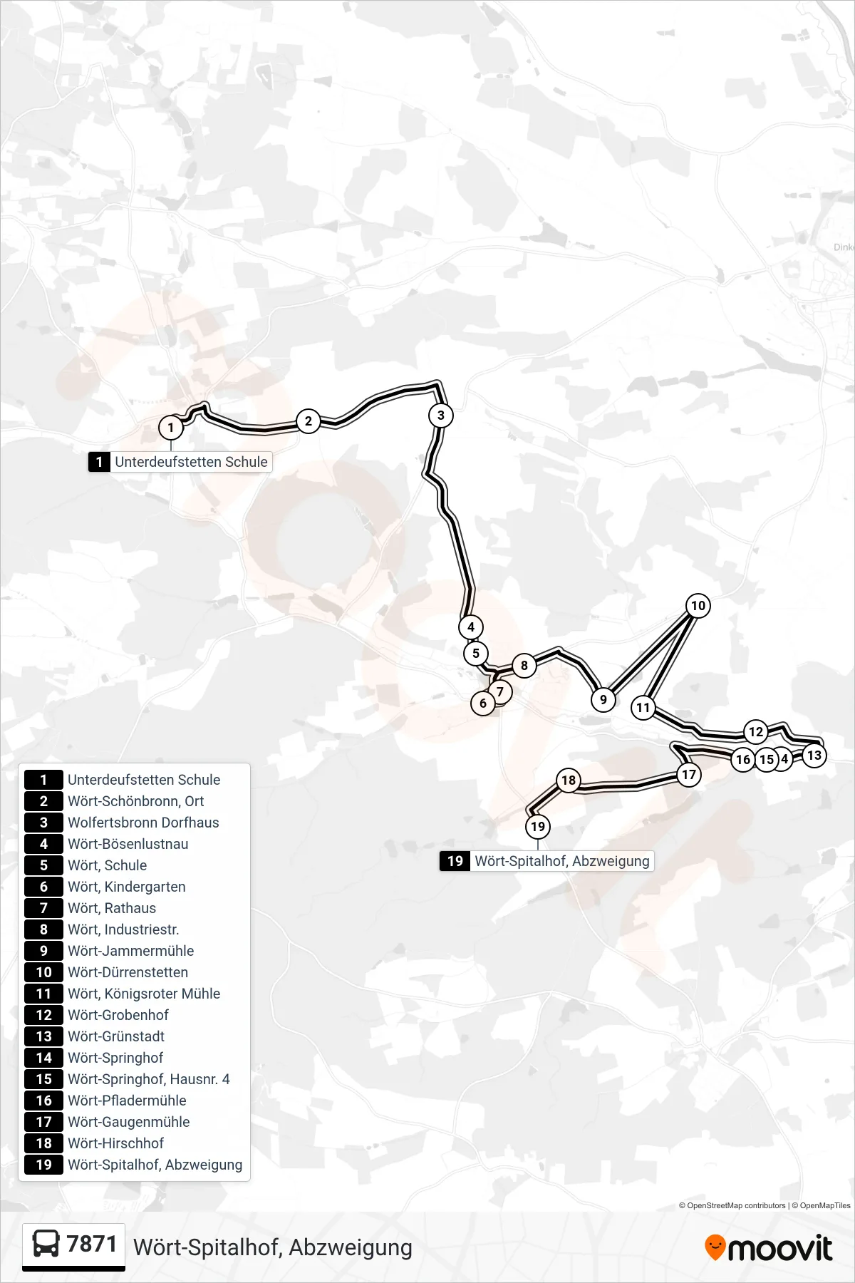 Linie 7871 (Bus) Richtung Wört-Spitalhof, Abzweigung: Route und Haltestellen auf der Karte