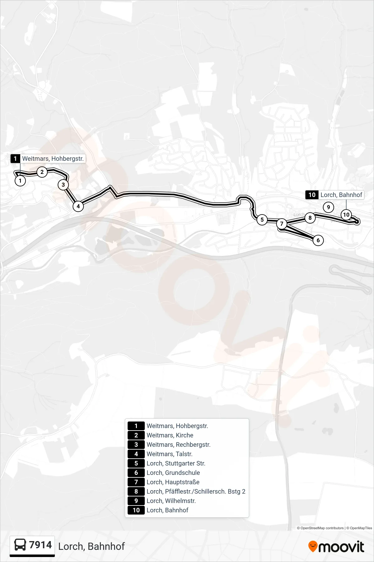 7914 bus Line (Lorch, Bahnhof) route and stops on a map