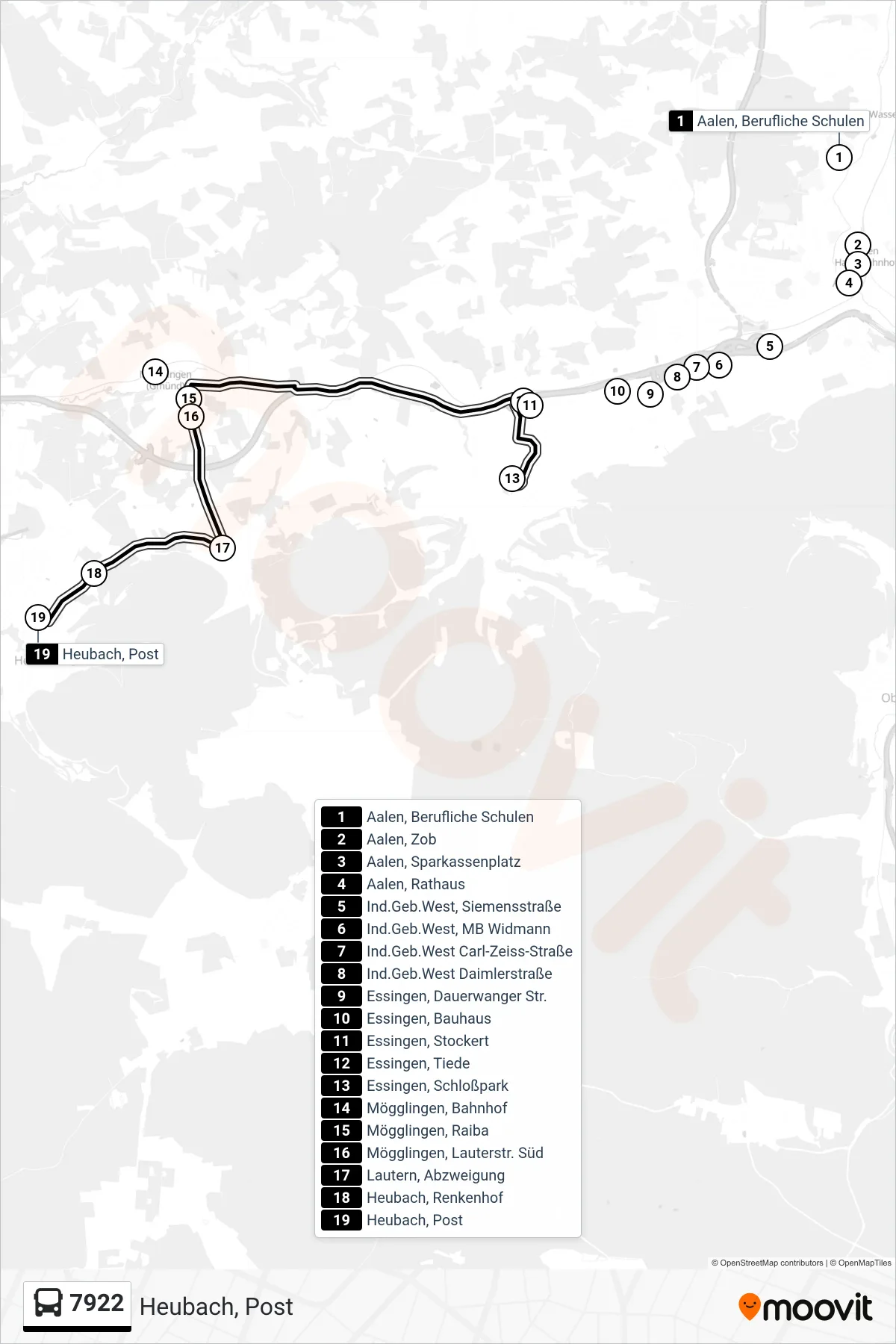 Linie 7922 (Bus) Richtung Heubach, Post: Route und Haltestellen auf der Karte