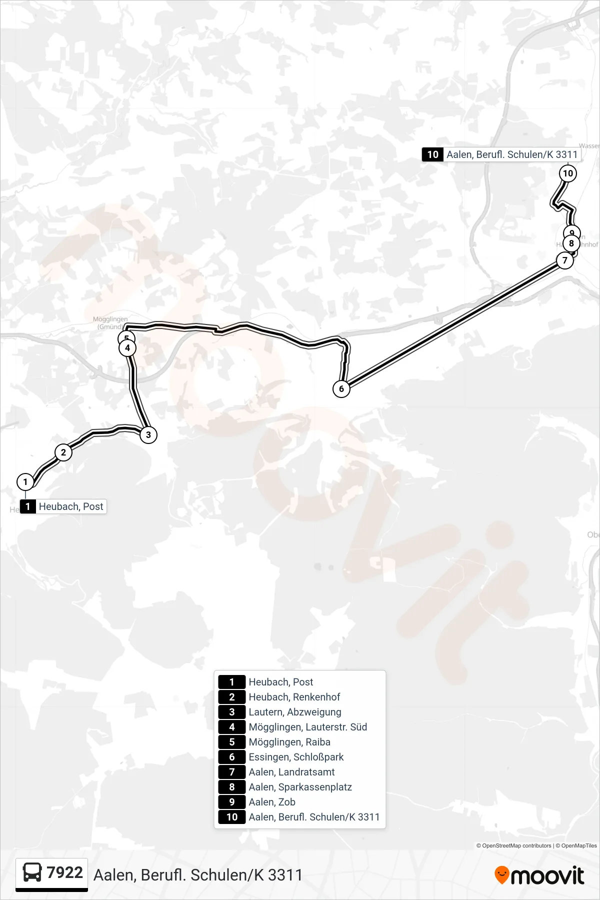 7922 bus Line (Aalen, Berufl. Schulen/K 3311) route and stops on a map