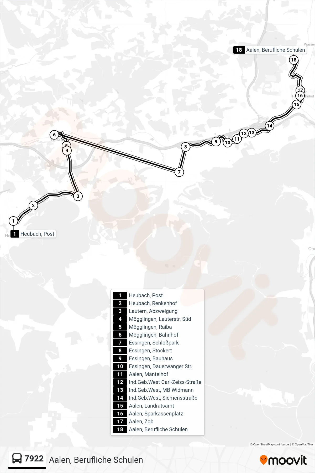 7922 bus Line (Aalen, Berufliche Schulen) route and stops on a map
