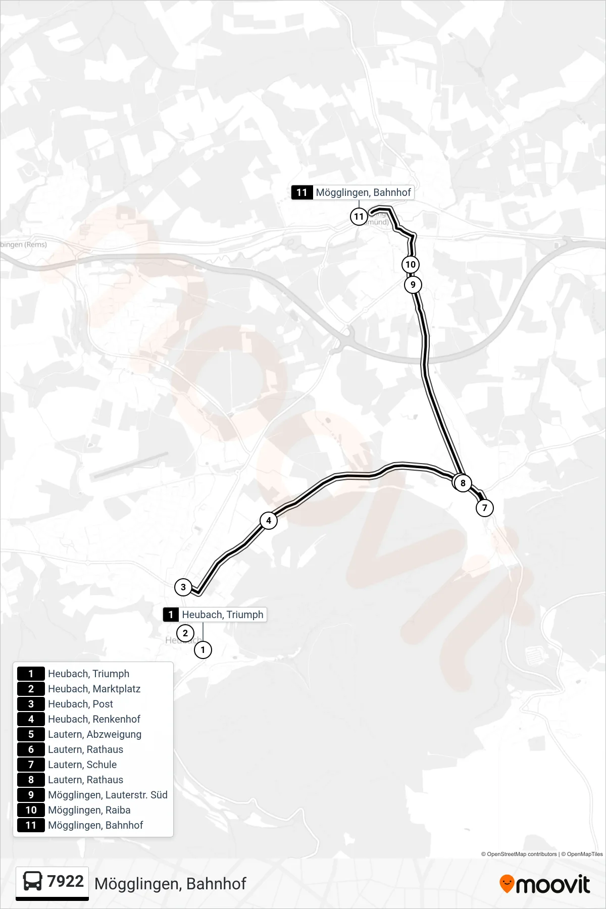 7922 bus Line (Mögglingen, Bahnhof) route and stops on a map