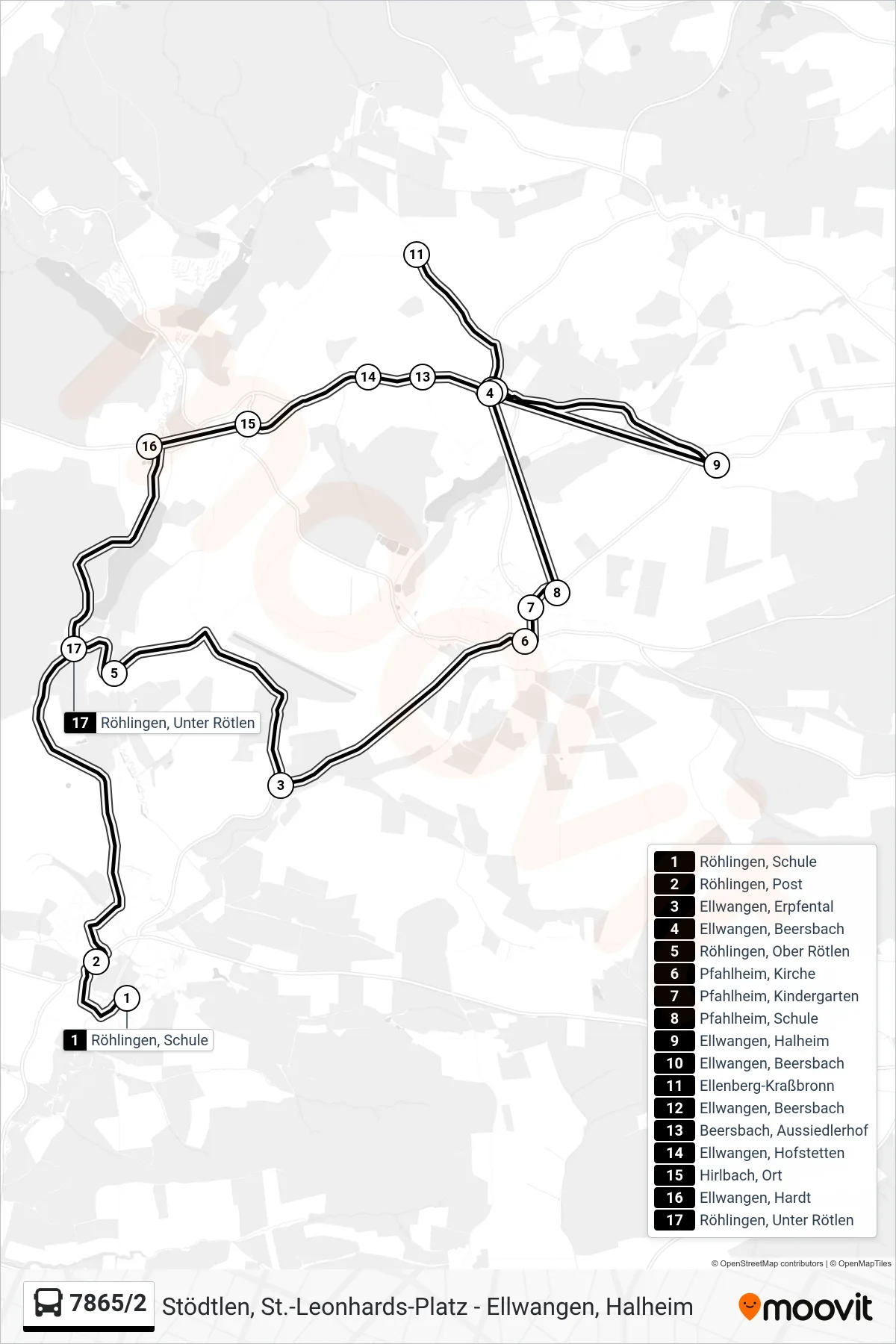 Linie 7865/2 (Bus) Richtung Röhlingen, Ober Rötlen: Route und Haltestellen auf der Karte