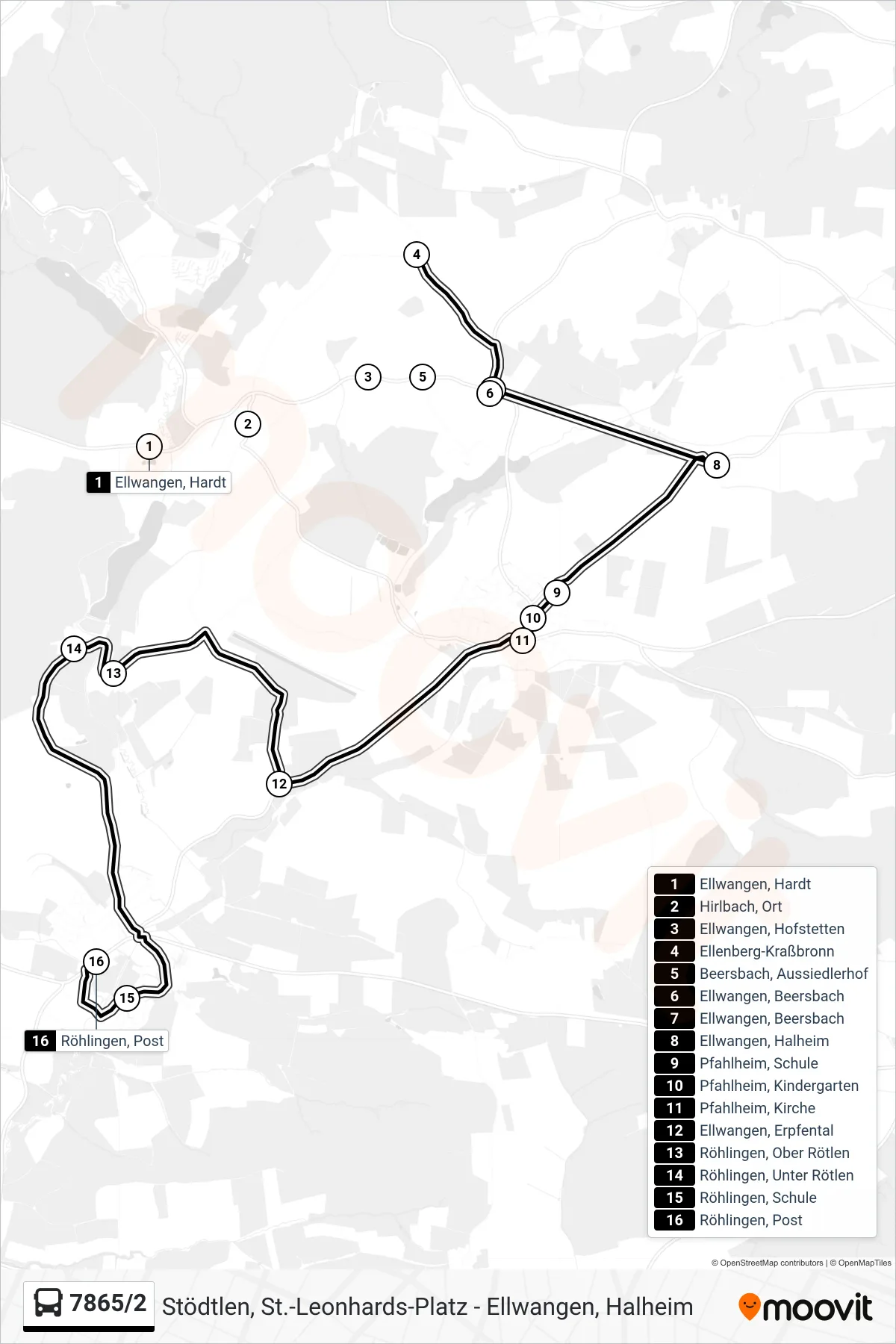 7865/2 bus Line (Röhlingen, Post) route and stops on a map