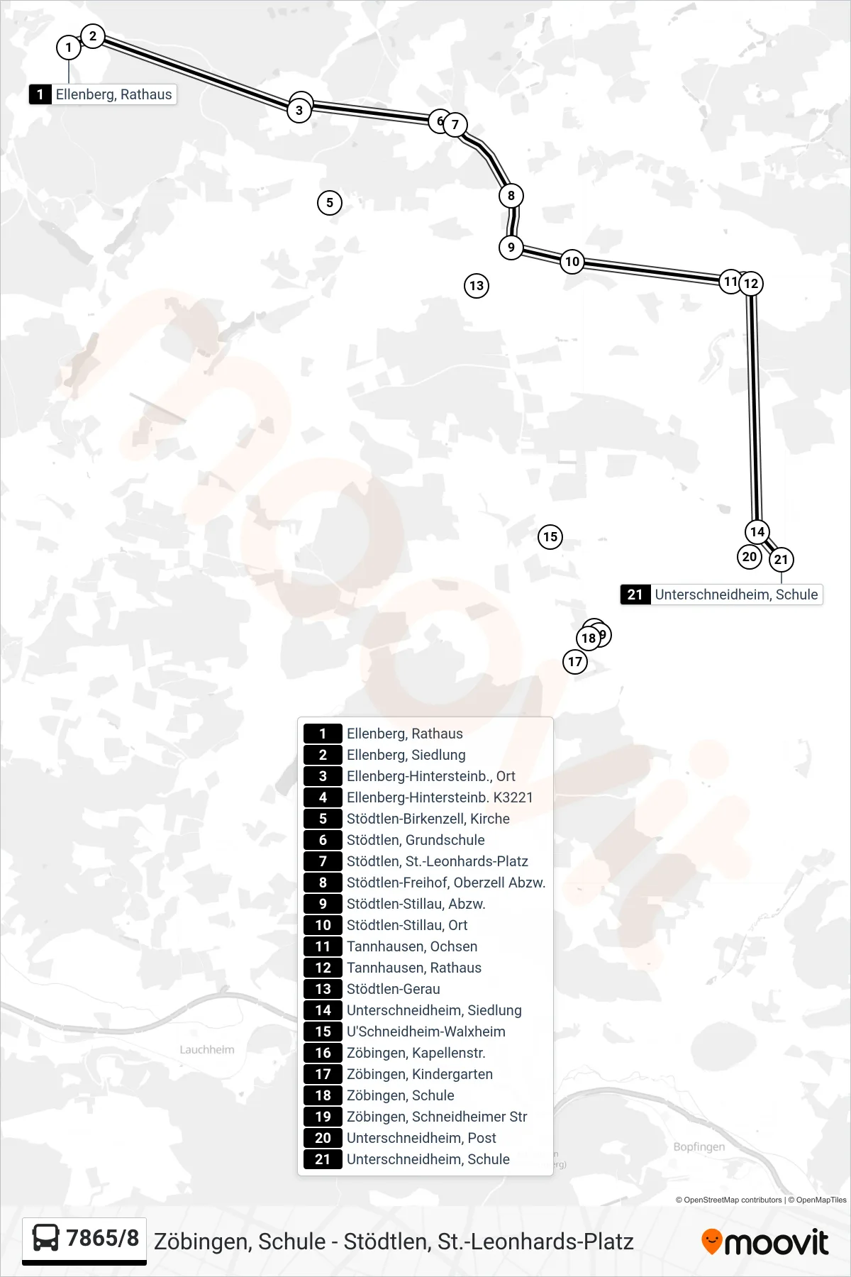 7865/8 bus Line (Unterschneidheim, Schule) route and stops on a map
