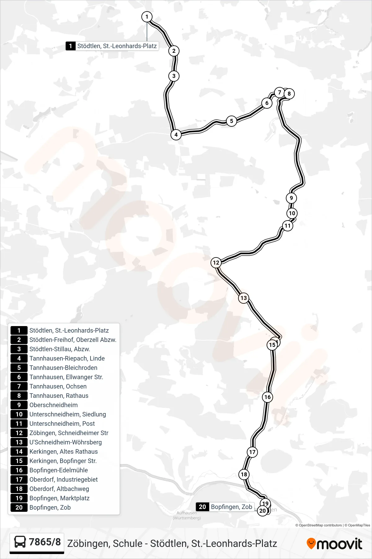 7865/8 bus Line (Bopfingen, Zob) route and stops on a map