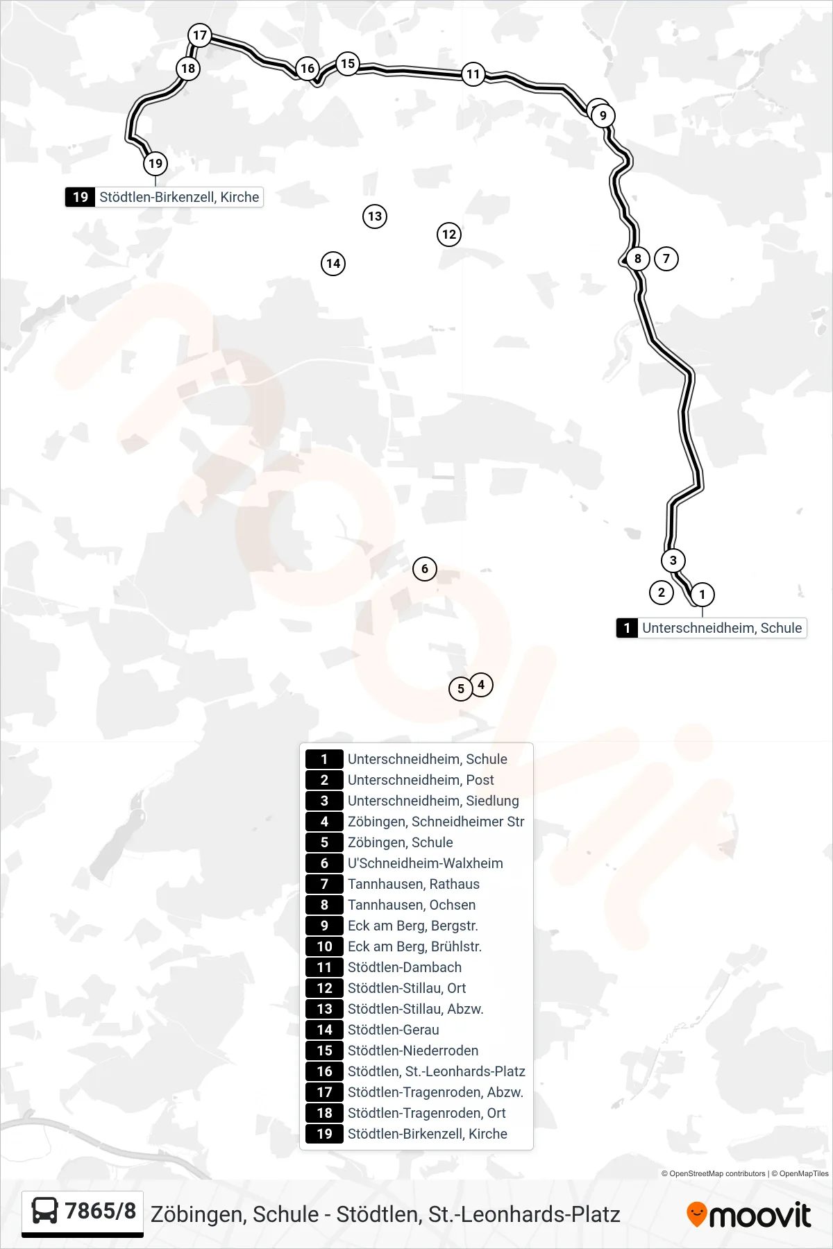 7865/8 bus Line (Stödtlen-Birkenzell, Kirche) route and stops on a map