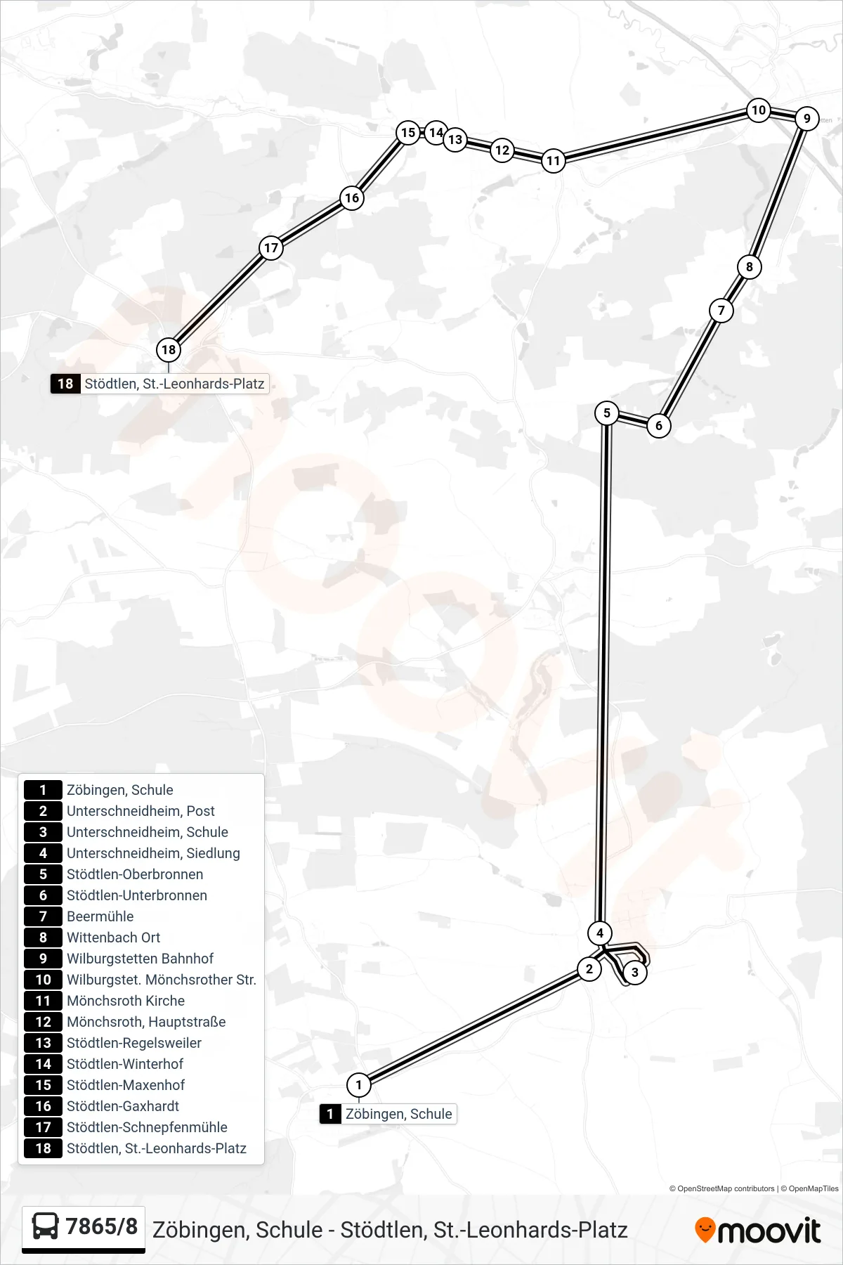 Linie 7865/8 (Bus) Richtung Stödtlen, St.-Leonhards-Platz: Route und Haltestellen auf der Karte