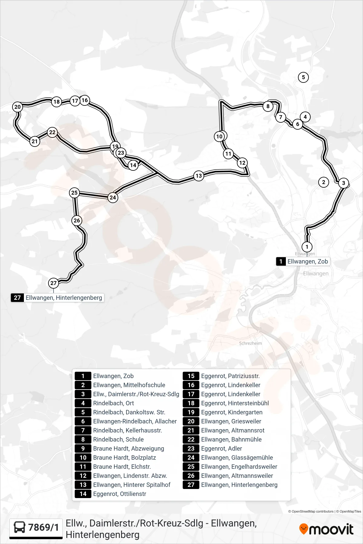 Linie 7869/1 (Bus) Richtung Ellwangen, Hinterlengenberg: Route und Haltestellen auf der Karte