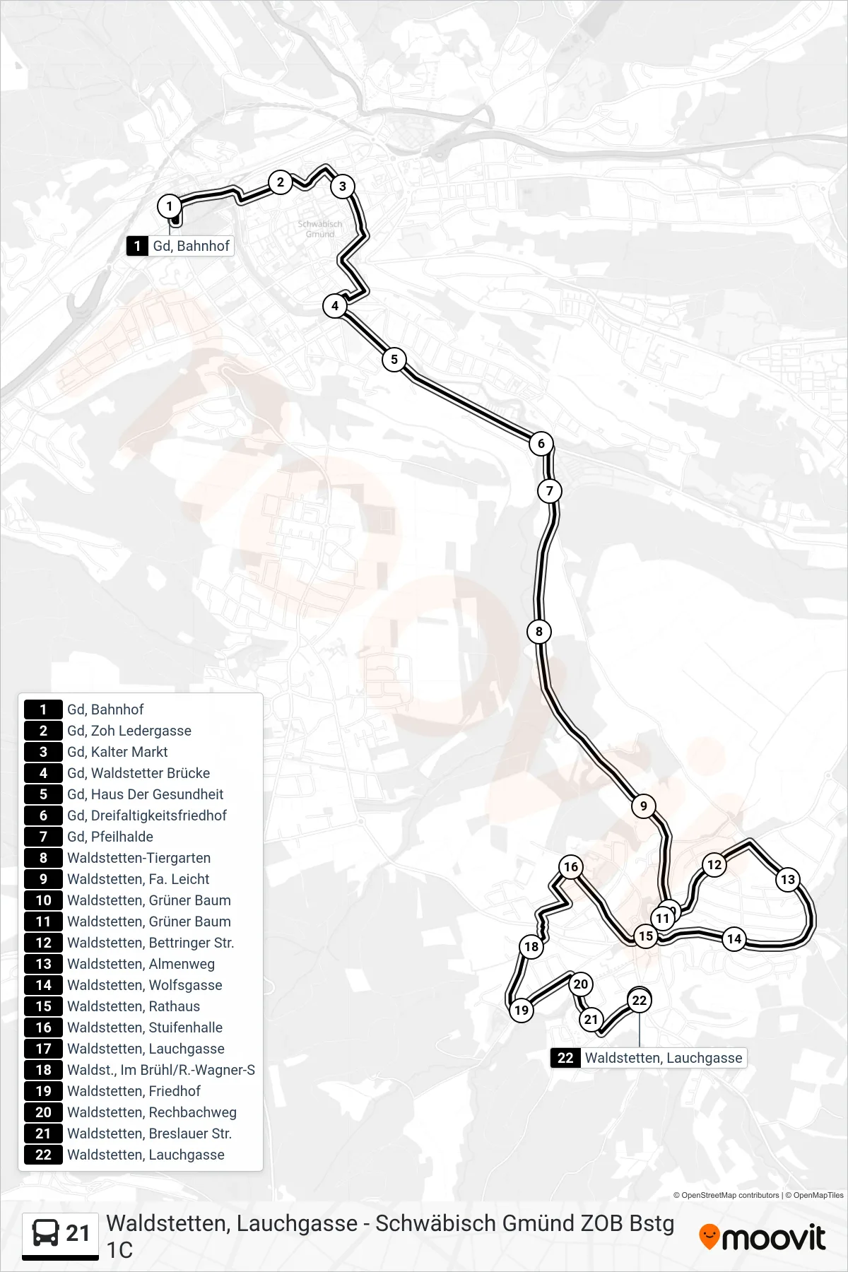 Linie 21 (Bus) Richtung Waldstetten, Lauchgasse: Route und Haltestellen auf der Karte