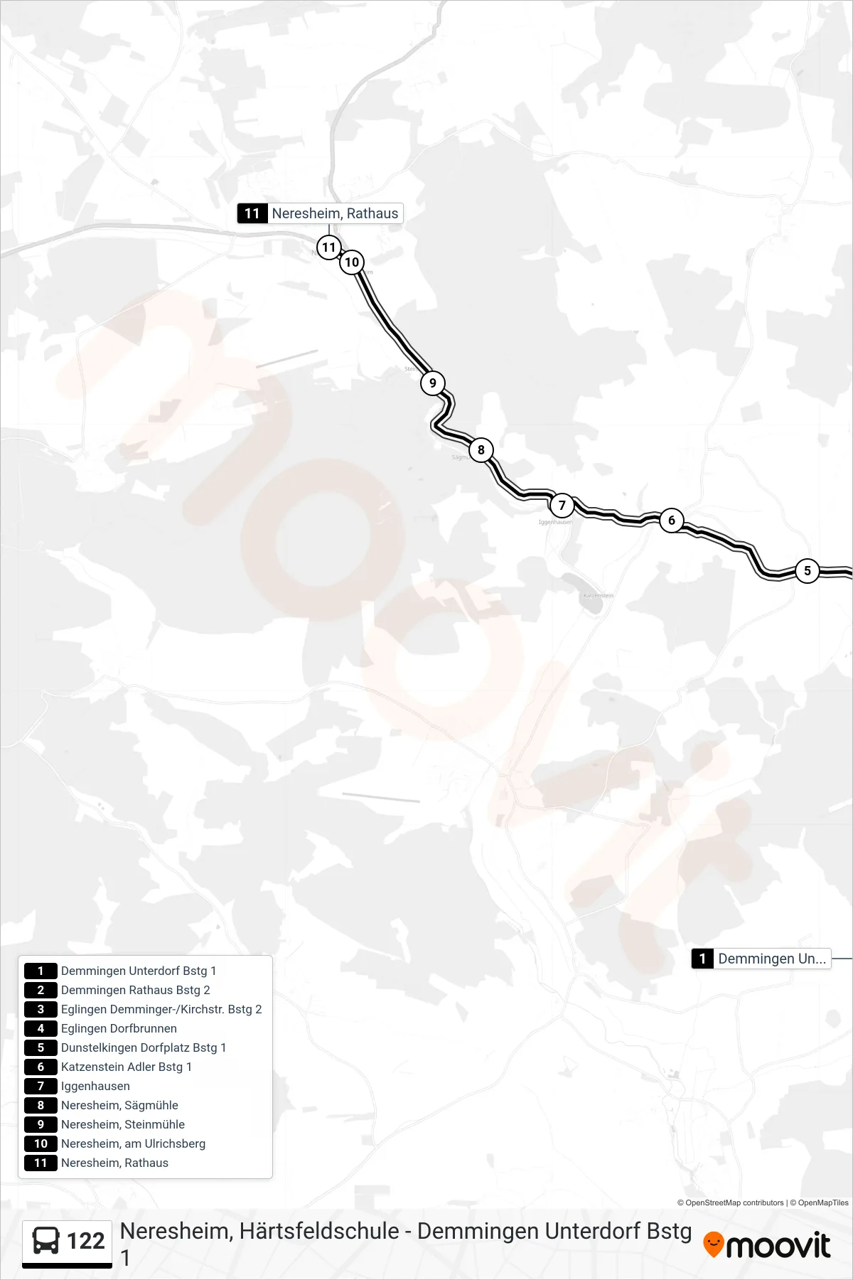 Linie 122 (Bus) Richtung Neresheim, Rathaus: Route und Haltestellen auf der Karte