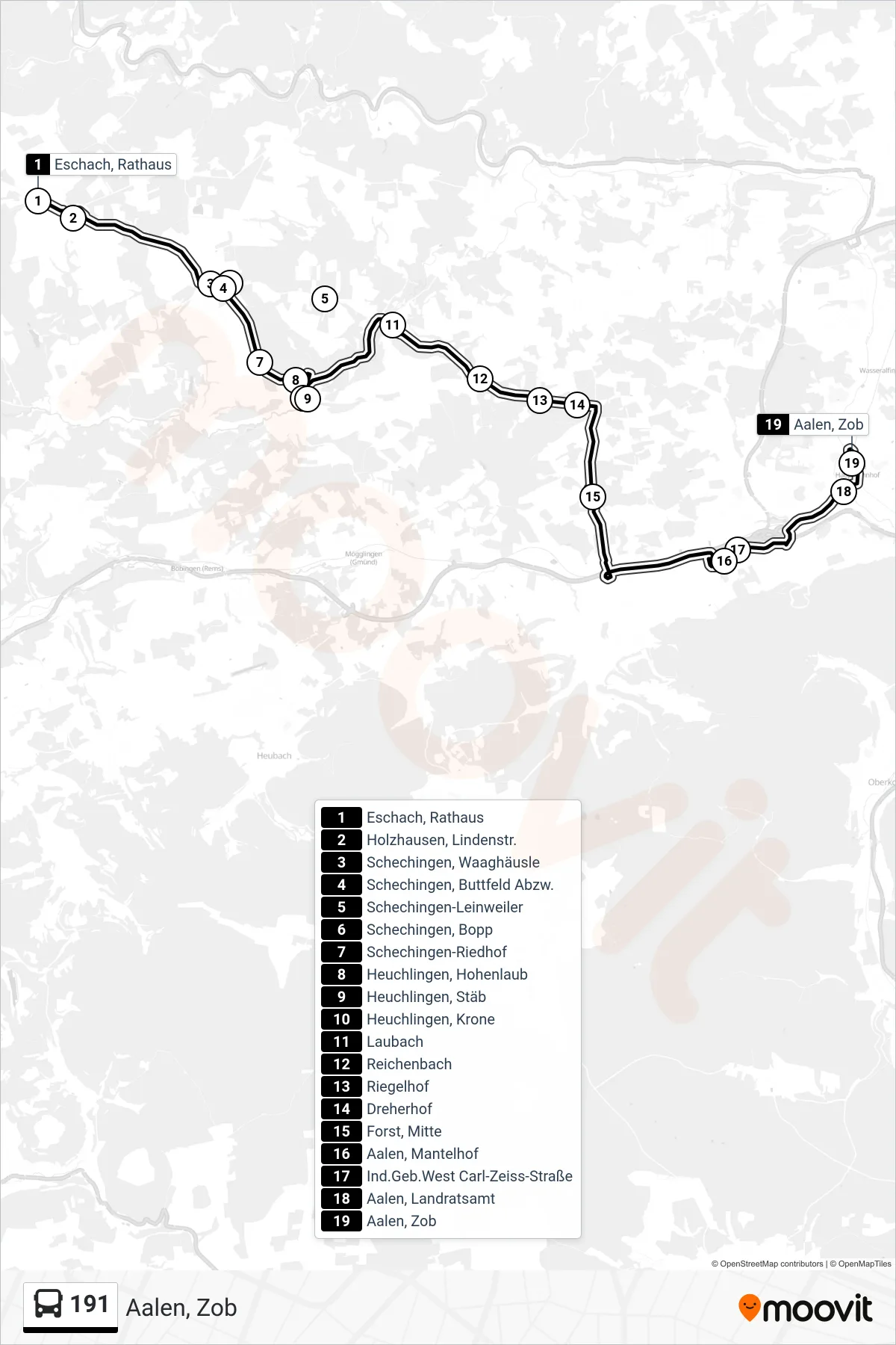 191 bus Line (Aalen, Zob) route and stops on a map