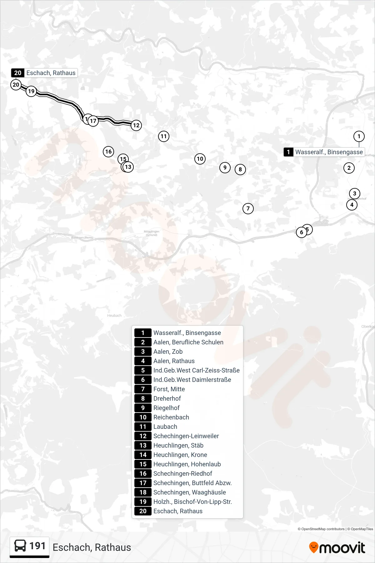 Linie 191 (Bus) Richtung Eschach, Rathaus: Route und Haltestellen auf der Karte