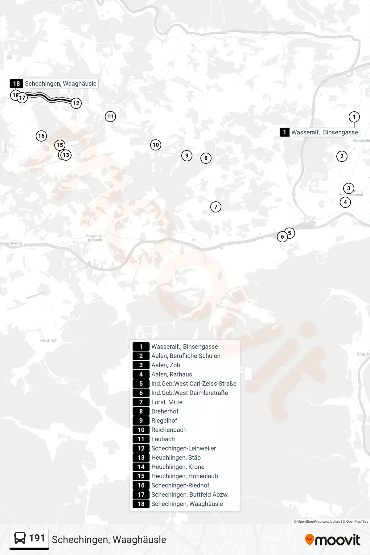 191 bus Line (Schechingen, Waaghäusle) route and stops on a map