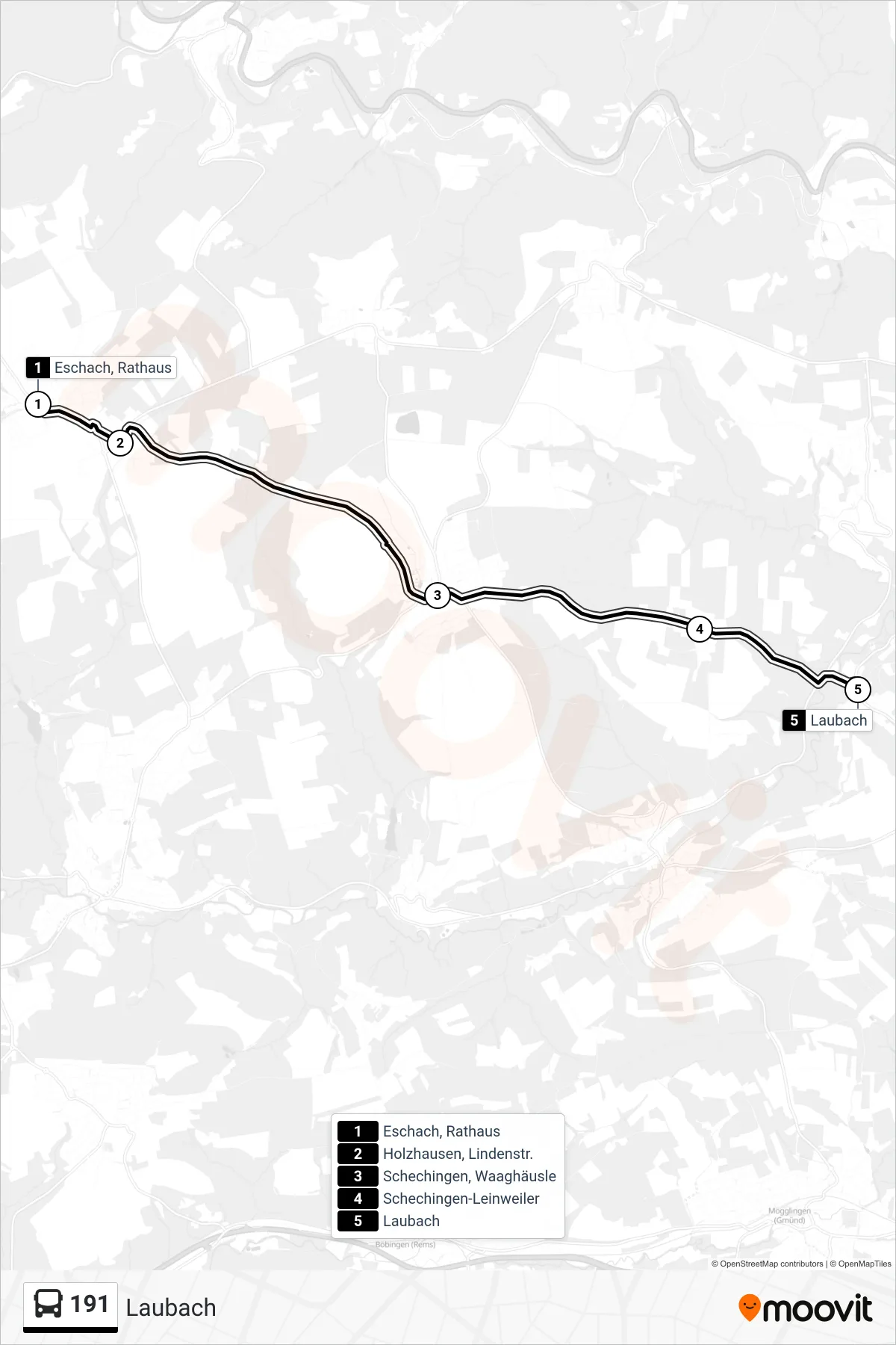 191 bus Line (Laubach) route and stops on a map