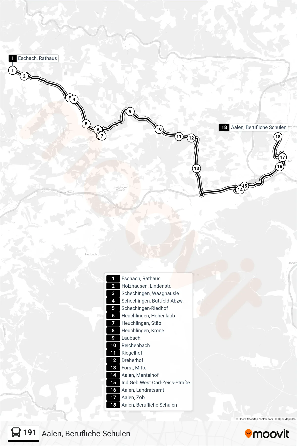191 bus Line (Aalen, Berufliche Schulen) route and stops on a map