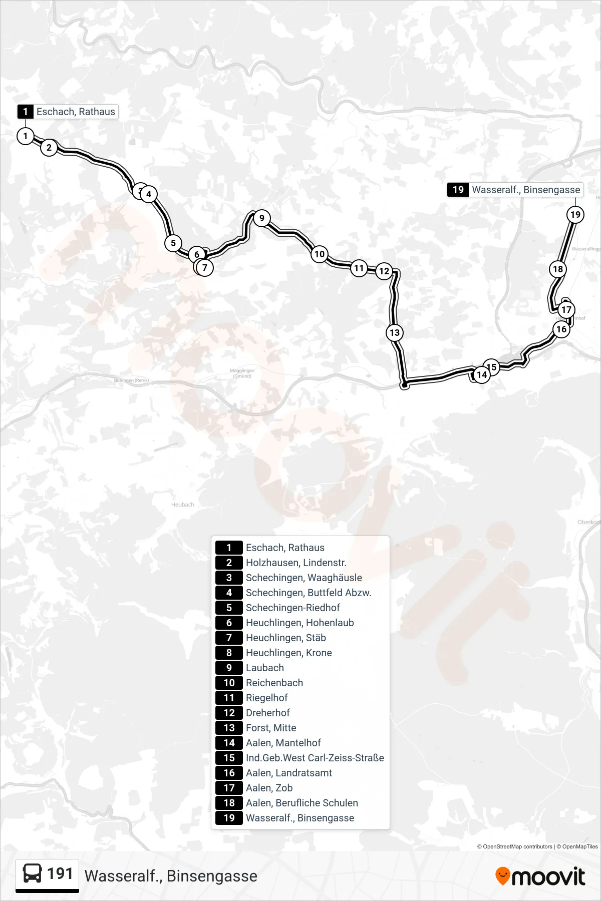 191 bus Line (Wasseralf., Binsengasse) route and stops on a map