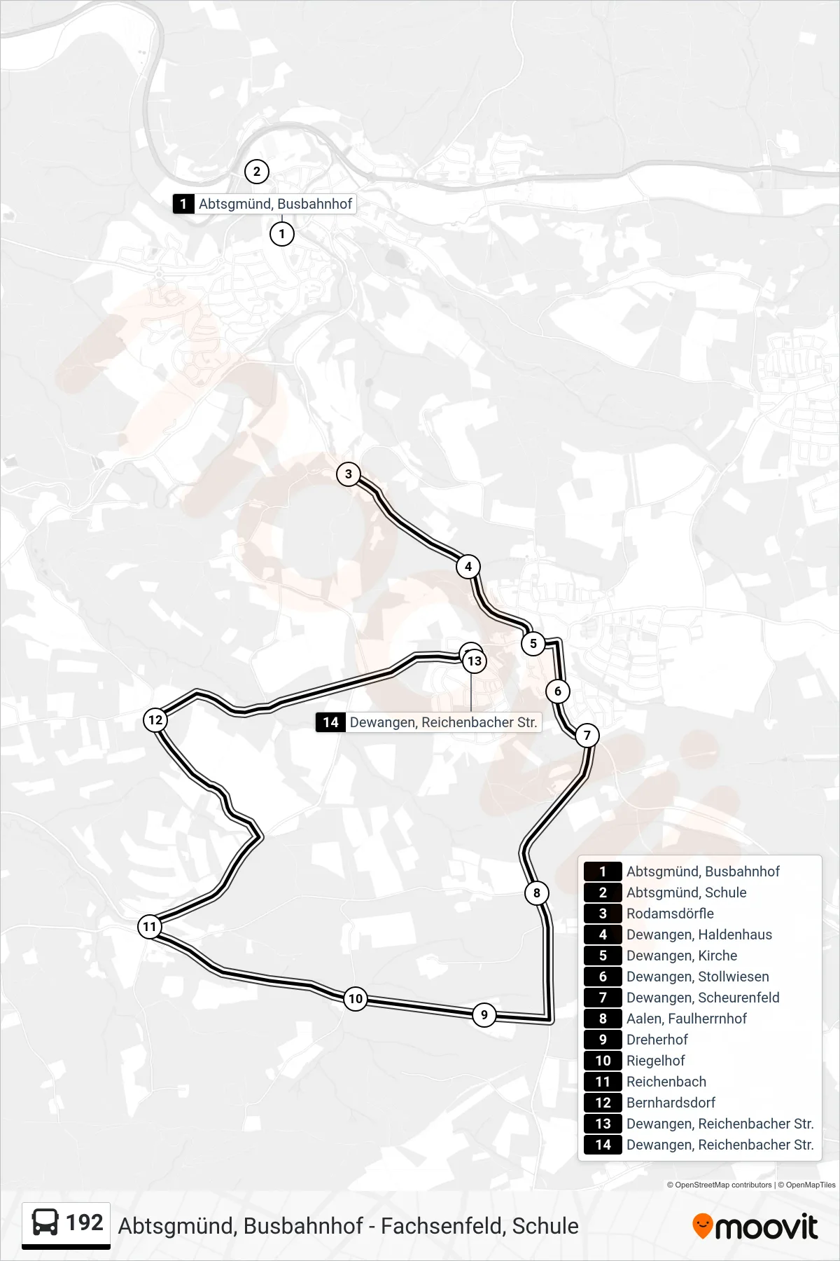 192 bus Line (Dewangen, Reichenbacher Str.) route and stops on a map