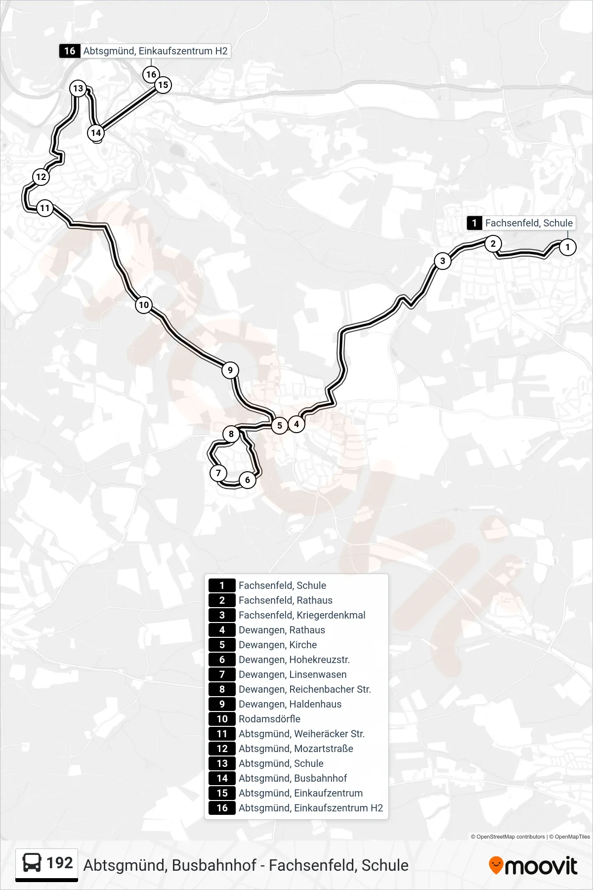192 bus Line (Abtsgmünd, Einkaufszentrum H2) route and stops on a map