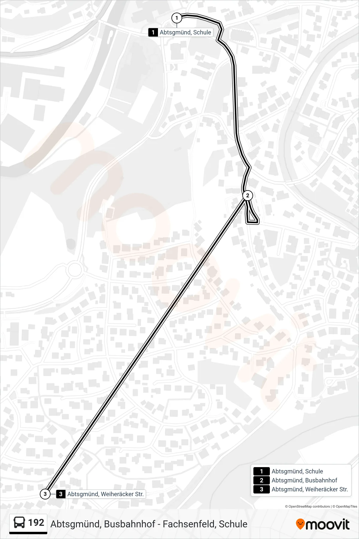 192 bus Line (Abtsgmünd, Weiheräcker Str.) route and stops on a map